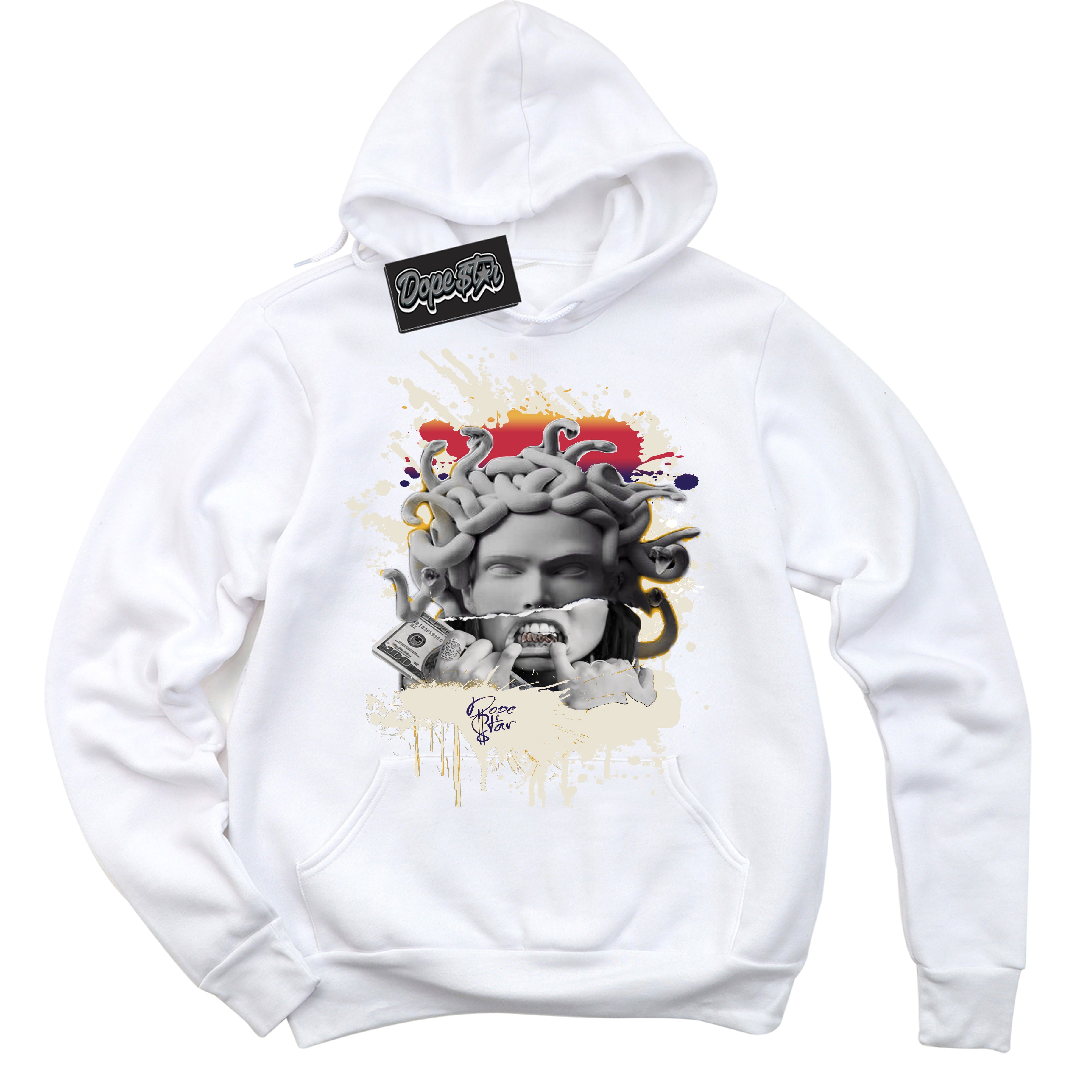 Cool White Hoodie with “ Medusa ”  design that Perfectly Matches J Balvin Sunset 3s Jordans.