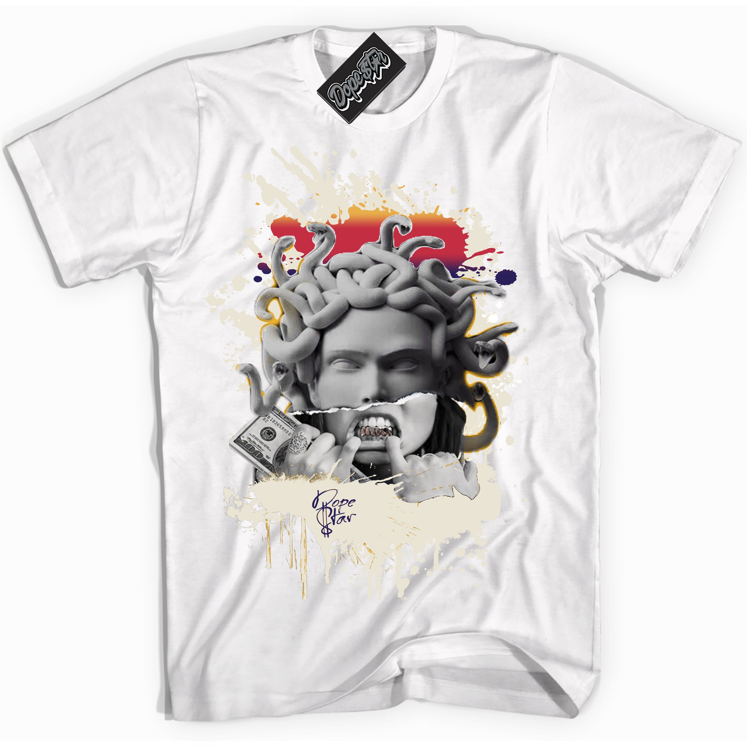 Cool White Shirt with “ Medusa” design that perfectly matches J Balvin Sunset 3s Jordans.