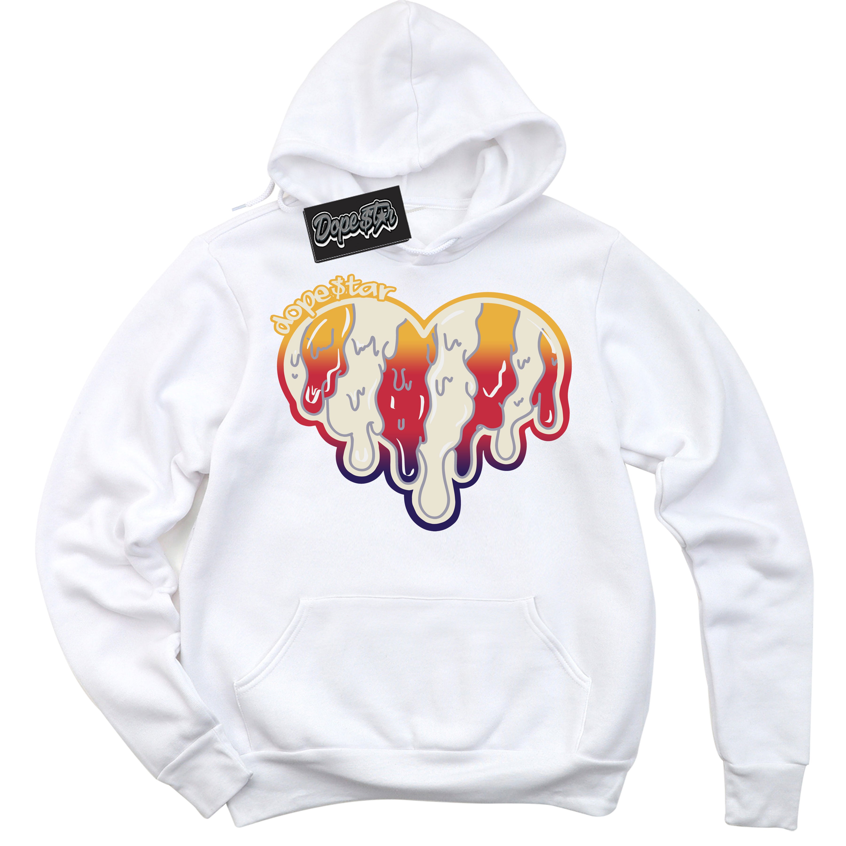 Cool White Hoodie with “ Melting Heart ”  design that Perfectly Matches J Balvin Sunset 3s Jordans.