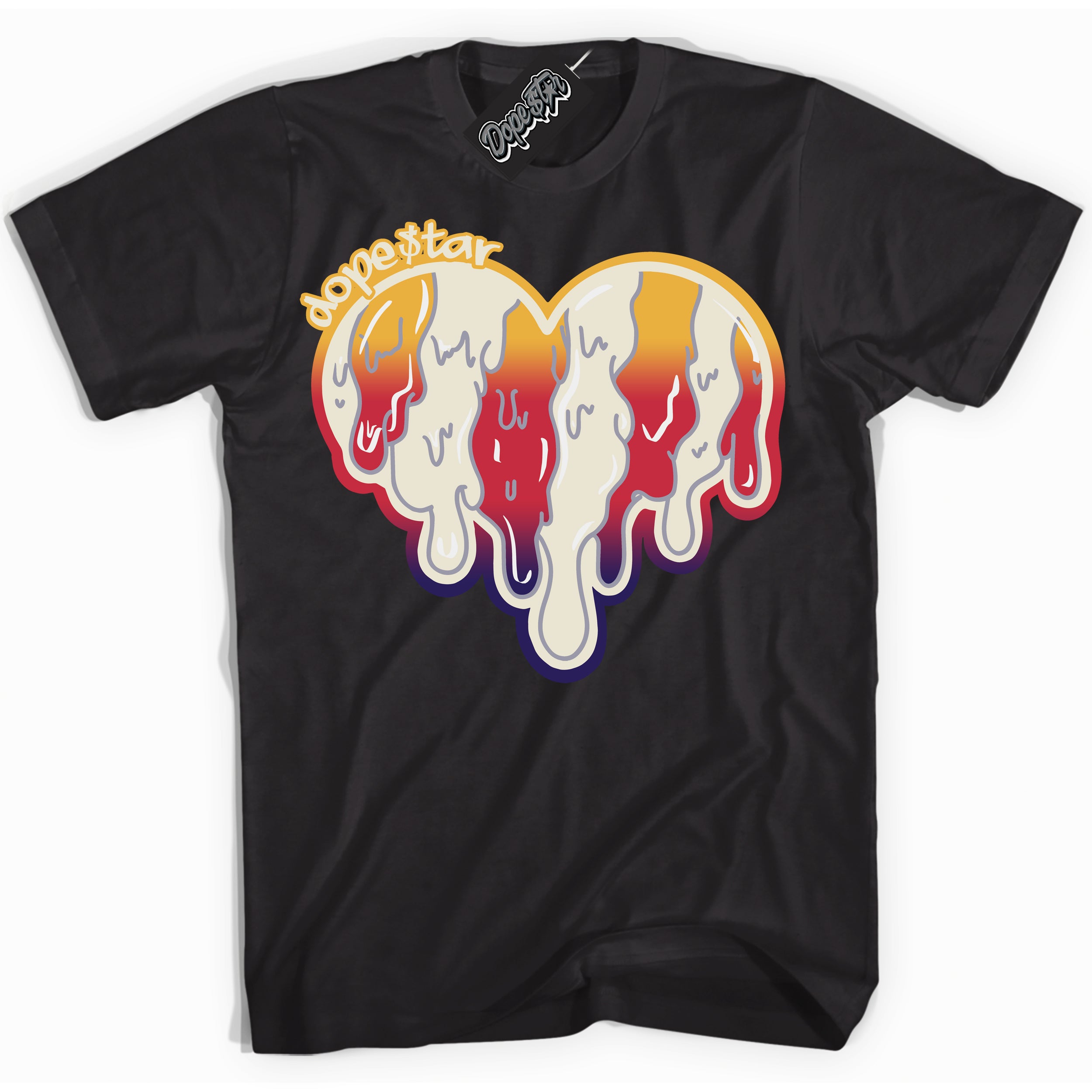 Cool Black Shirt with “ Melting Heart” design that perfectly matches J Balvin Sunset 3s Jordans.