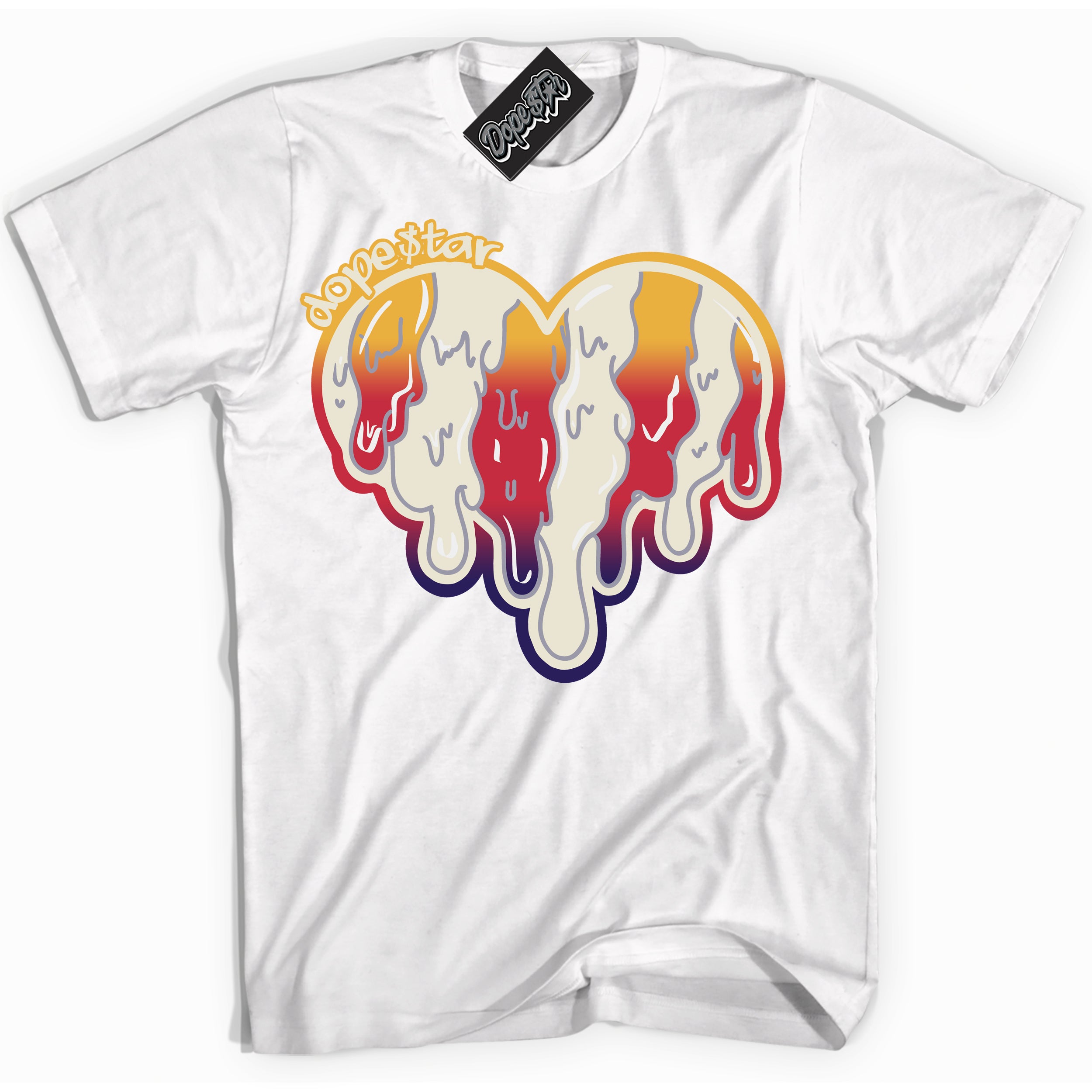 Cool White Shirt with “ Melting Heart” design that perfectly matches J Balvin Sunset 3s Jordans.