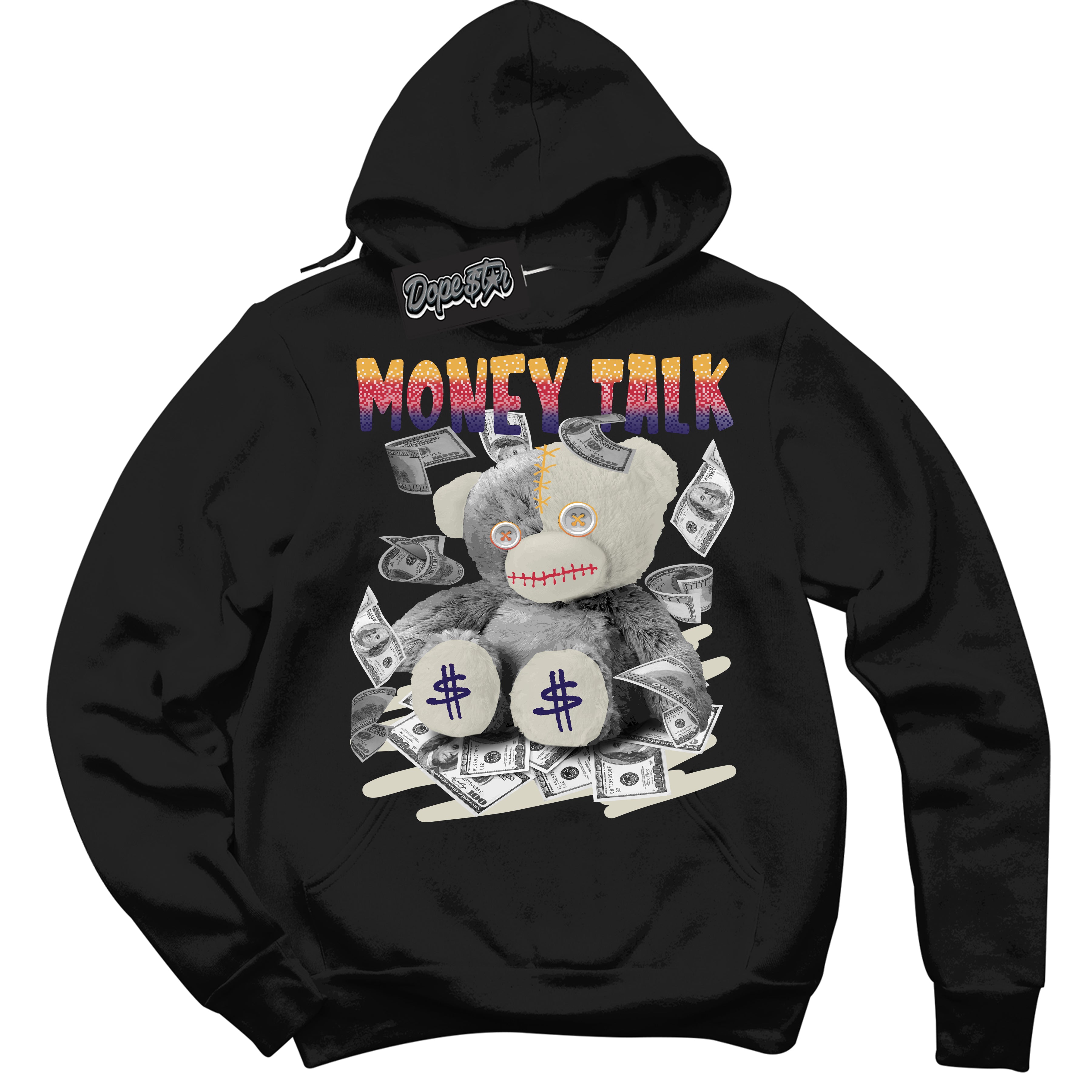 Cool Black Hoodie with “ Money Talk Bear ”  design that Perfectly Matches J Balvin Sunset 3s Jordans.