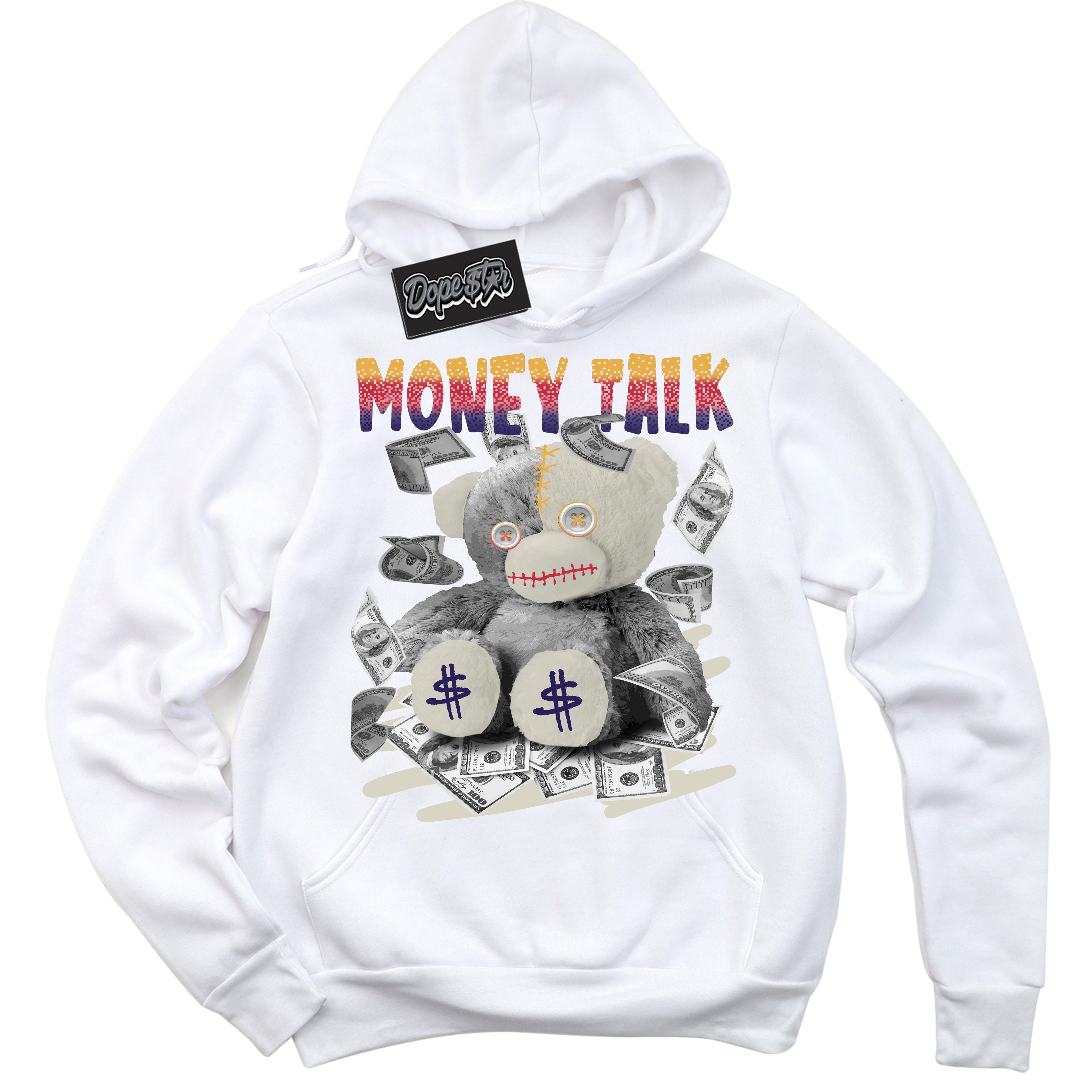 Cool White Hoodie with “ Money Talk Bear ”  design that Perfectly Matches J Balvin Sunset 3s Jordans.