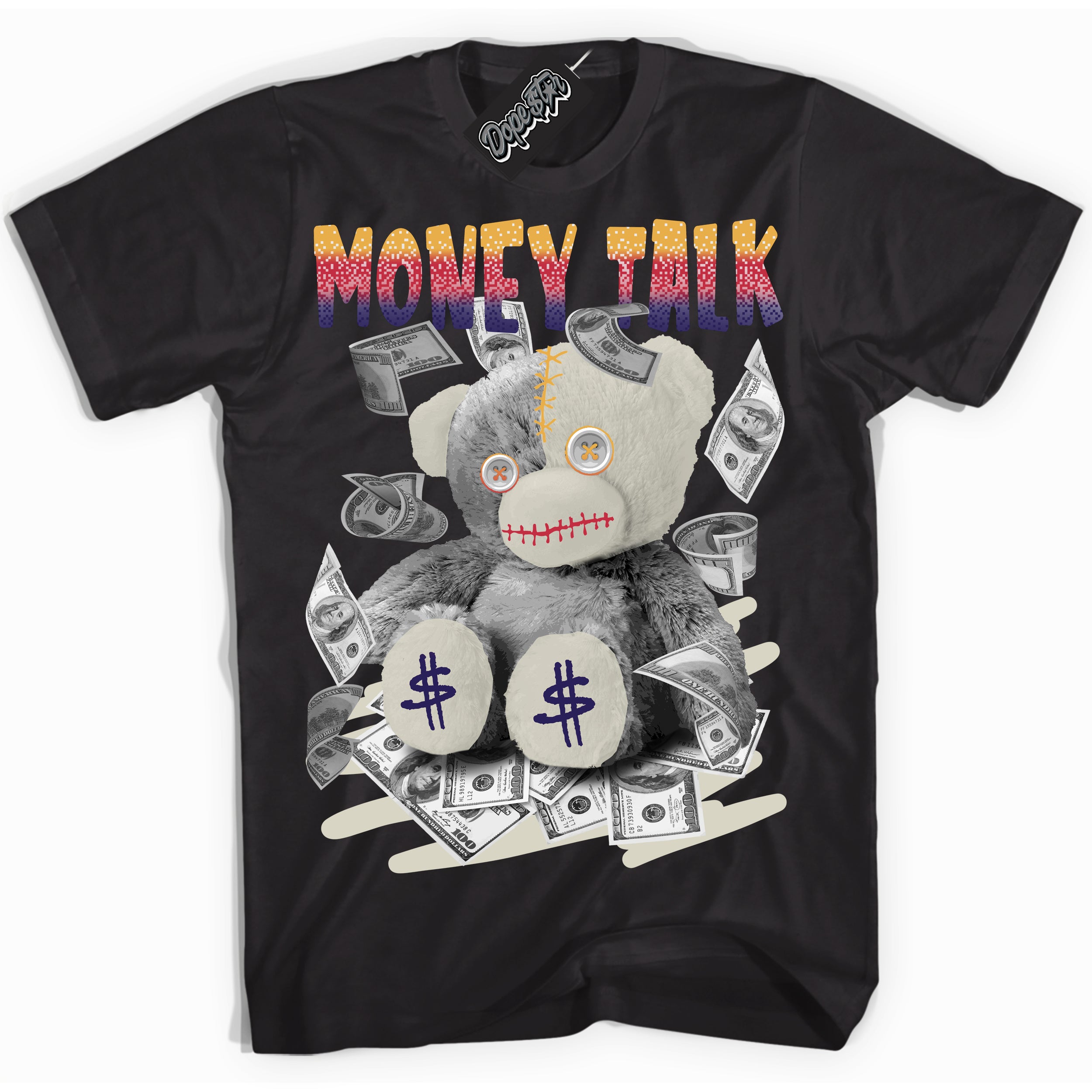 Cool Black Shirt with “ Money Talk Bear” design that perfectly matches J Balvin Sunset 3s Jordans.