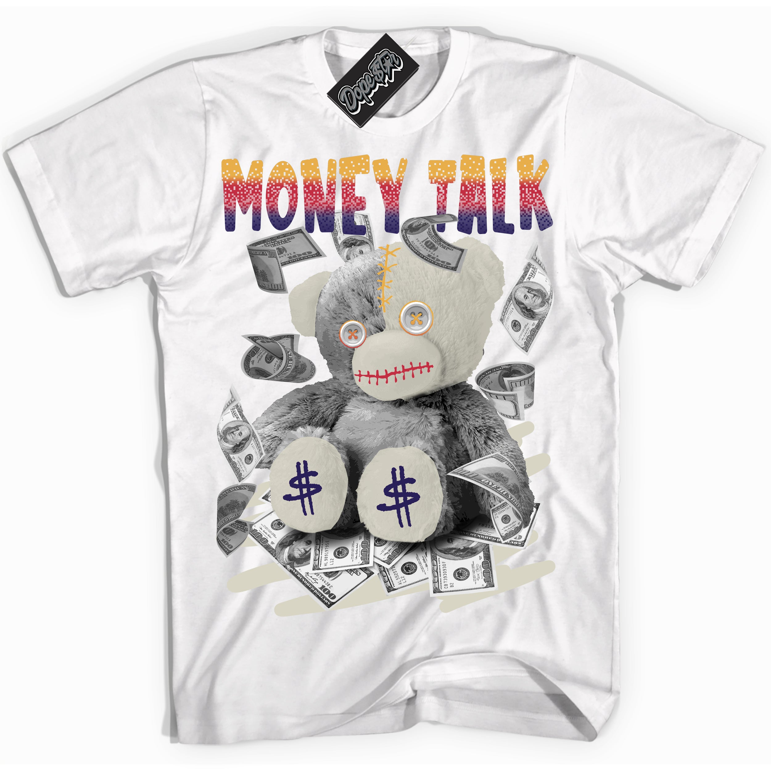 Cool White Shirt with “ Money Talk Bear” design that perfectly matches J Balvin Sunset 3s Jordans.