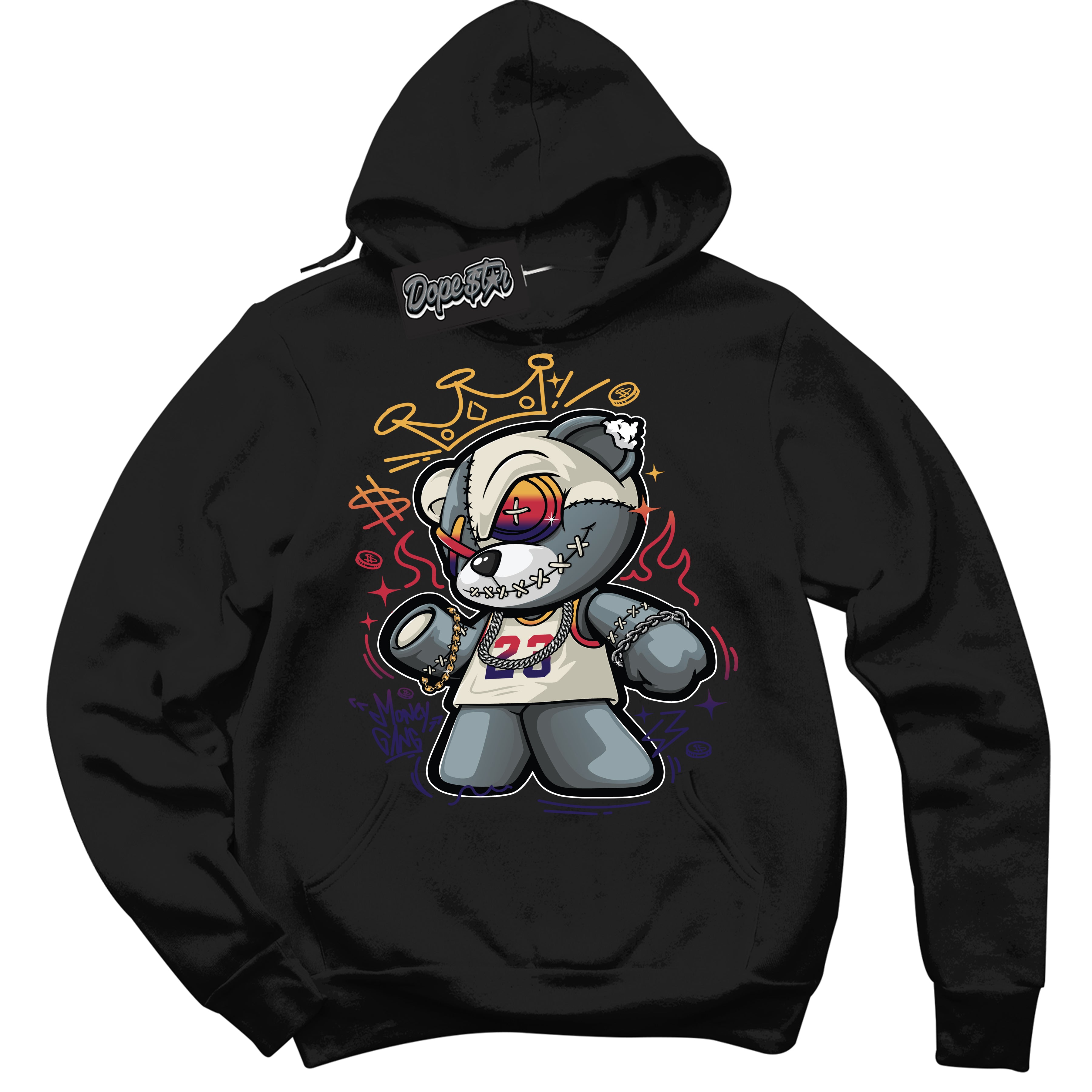 Cool Black Hoodie with “ Money Gang Bear ”  design that Perfectly Matches J Balvin Sunset 3s Jordans.