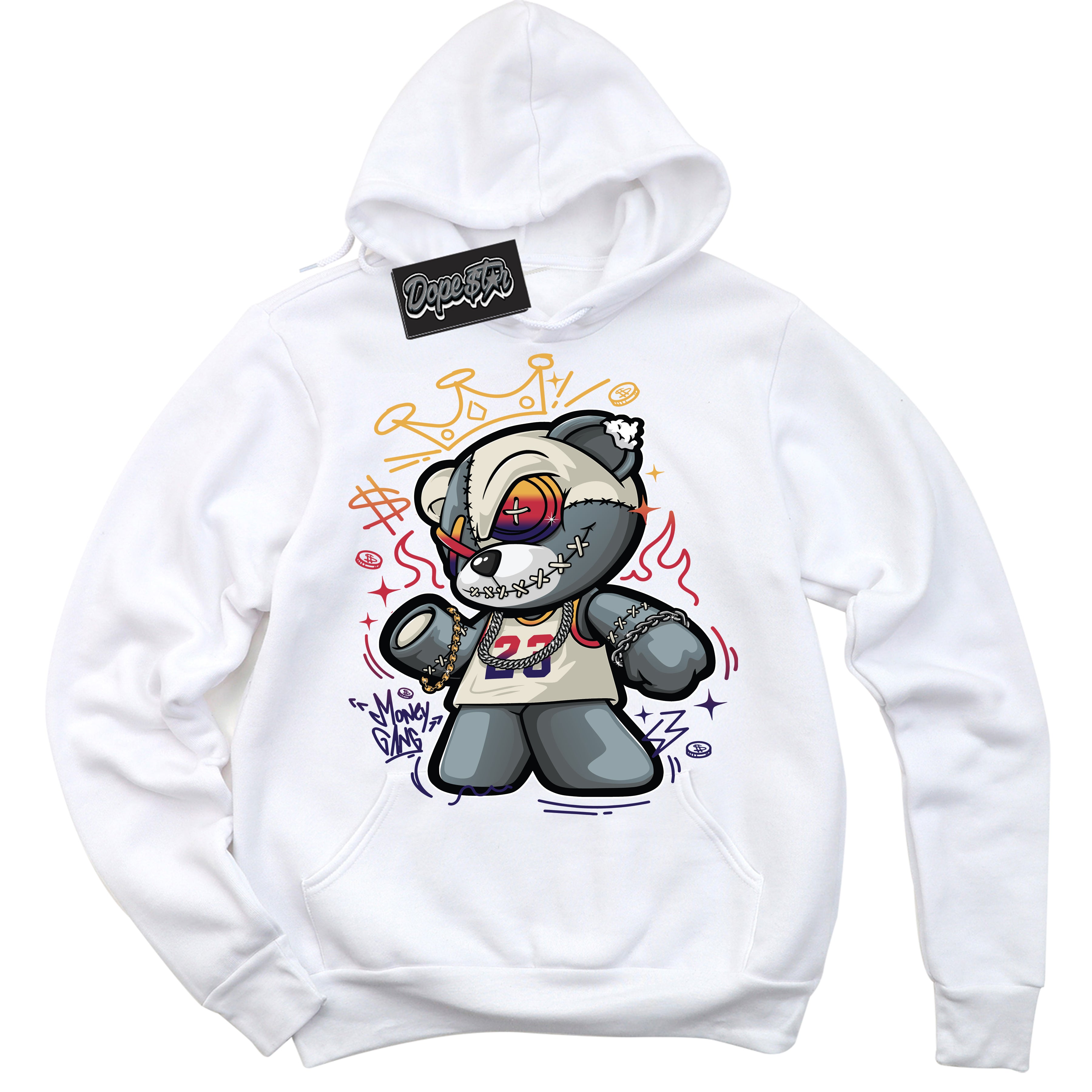 Cool White Hoodie with “ Money Gang Bear ”  design that Perfectly Matches J Balvin Sunset 3s Jordans.