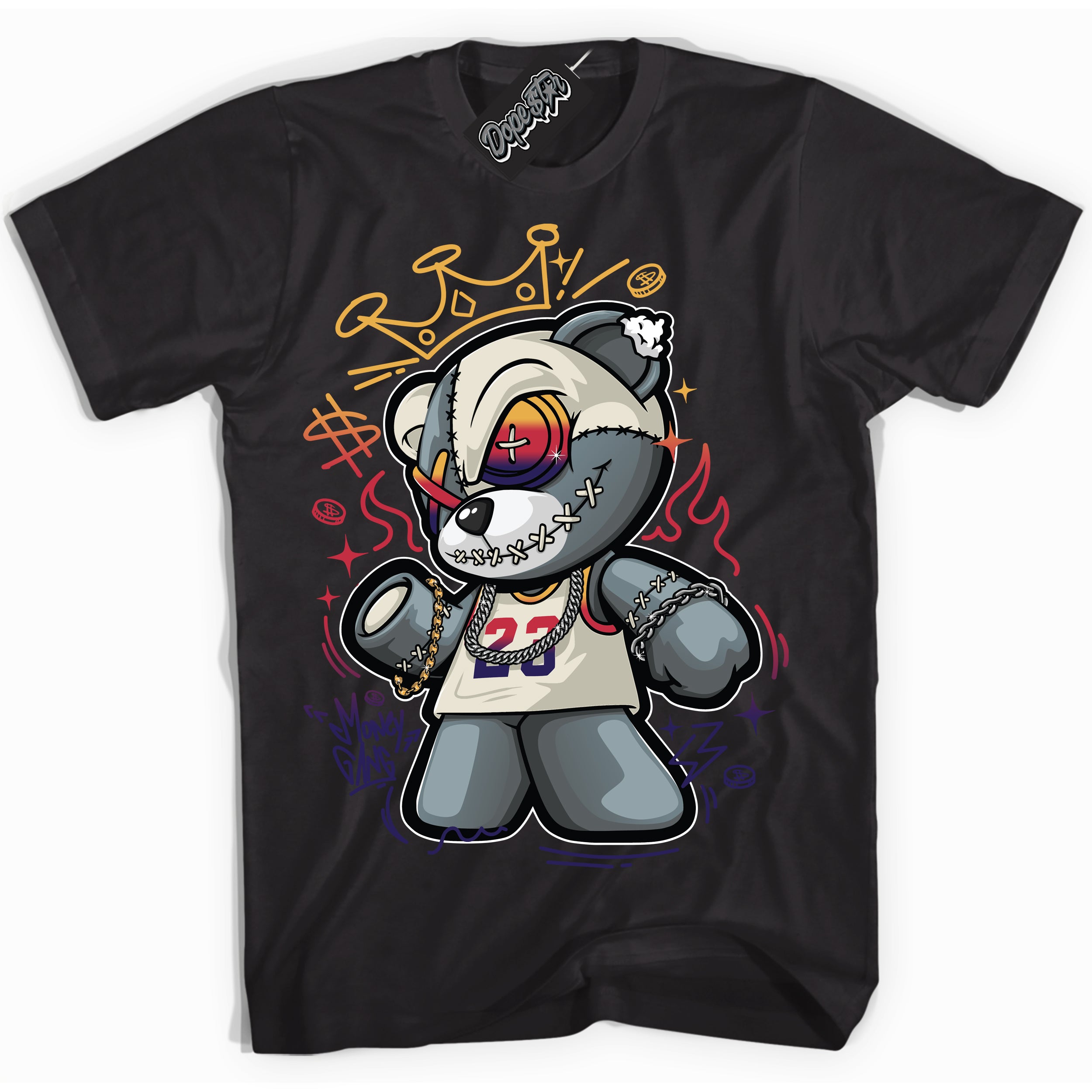 Cool Black Shirt with “ Money Gang Bear” design that perfectly matches J Balvin Sunset 3s Jordans.