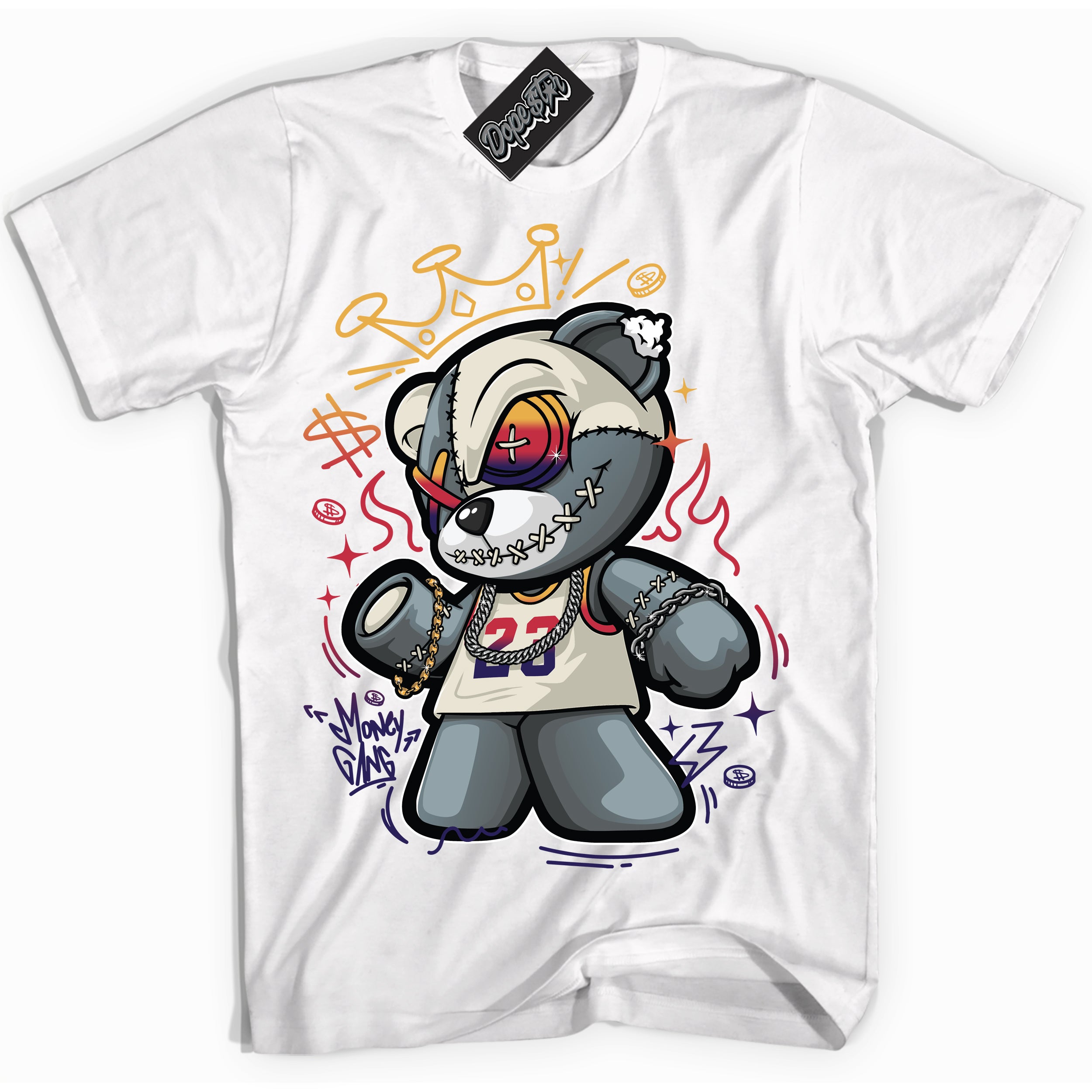 Cool White Shirt with “ Money Gang Bear” design that perfectly matches J Balvin Sunset 3s Jordans.