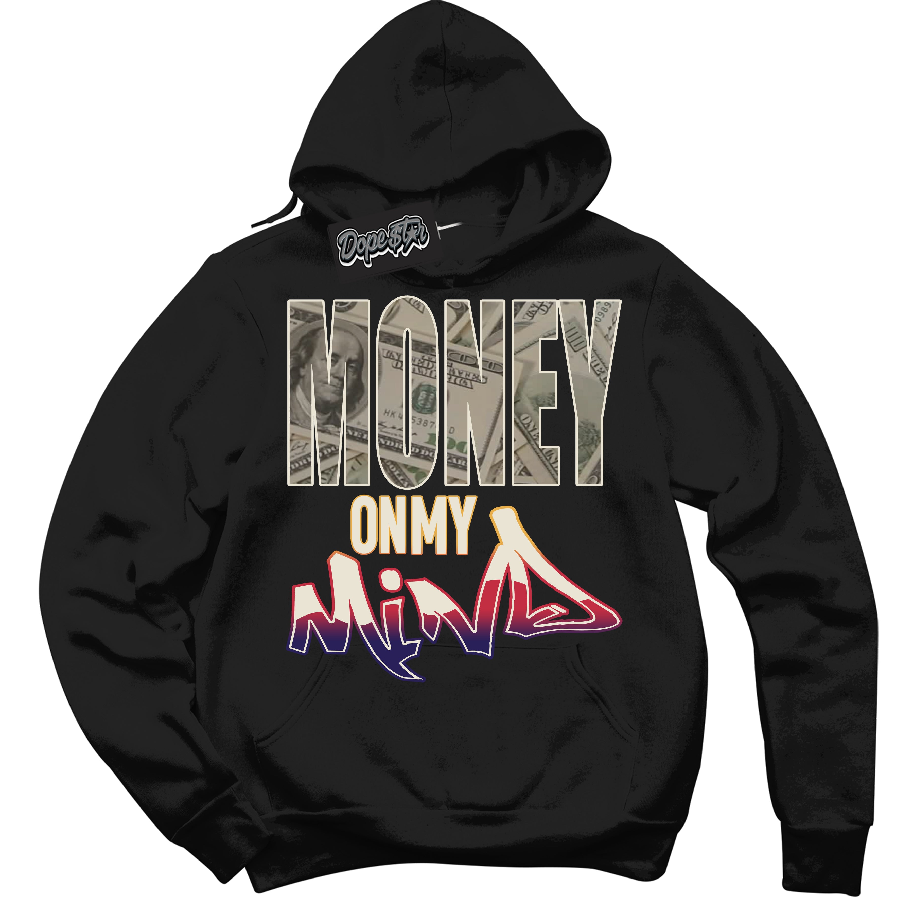 Cool Black Hoodie with “ Money On My Mind ”  design that Perfectly Matches J Balvin Sunset 3s Jordans.