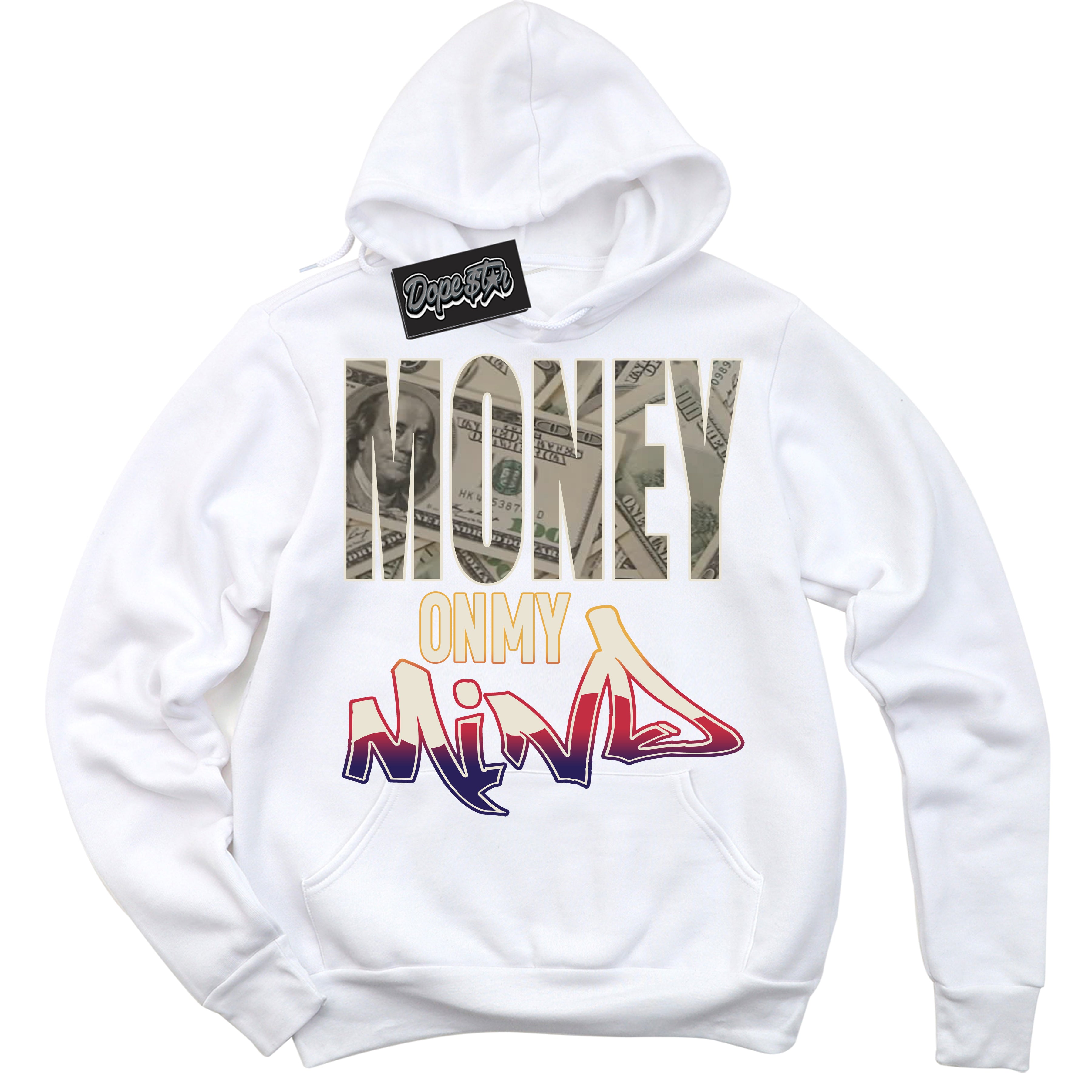 Cool White Hoodie with “ Money On My Mind ”  design that Perfectly Matches J Balvin Sunset 3s Jordans.