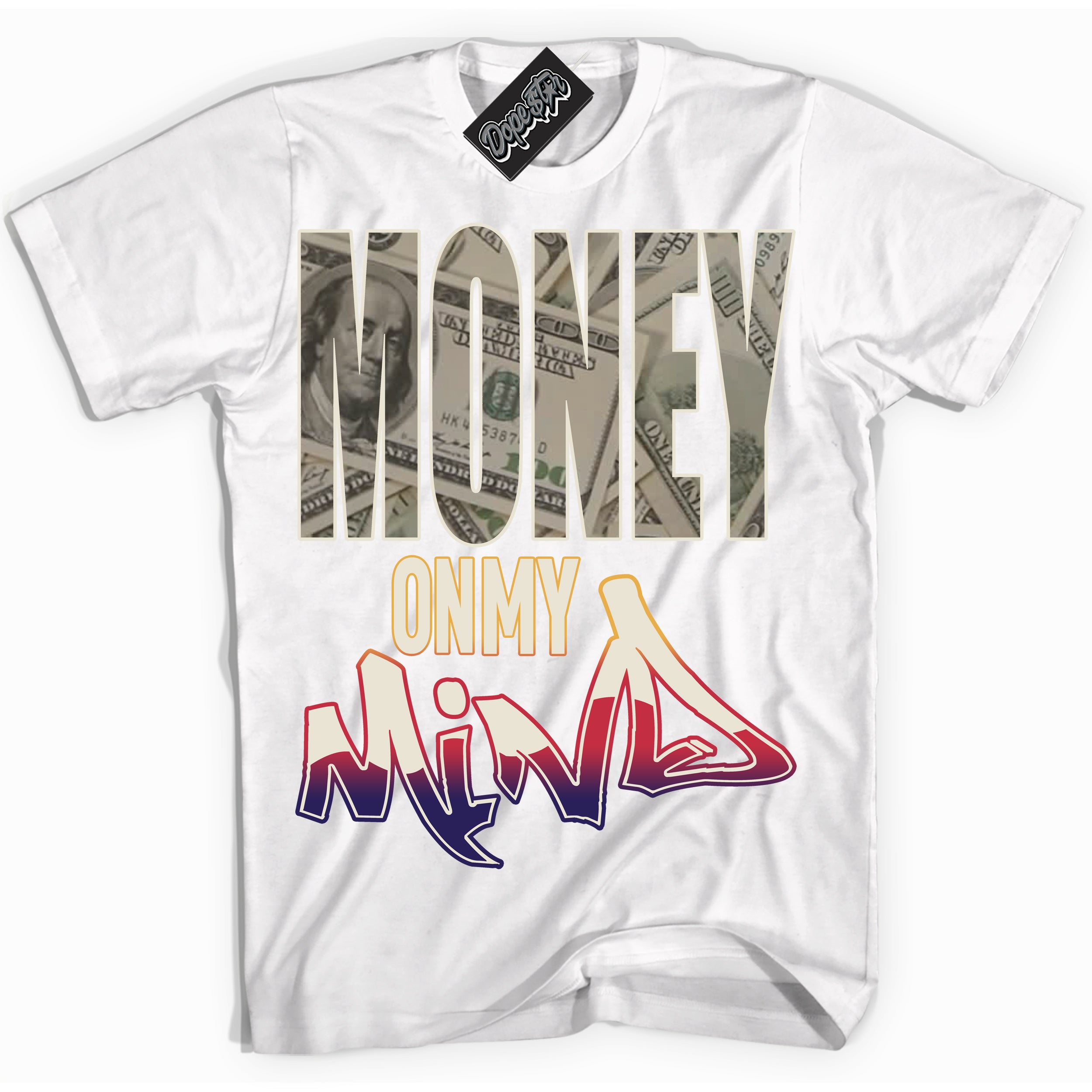 Cool White Shirt with “ Money On My Mind” design that perfectly matches J Balvin Sunset 3s Jordans.