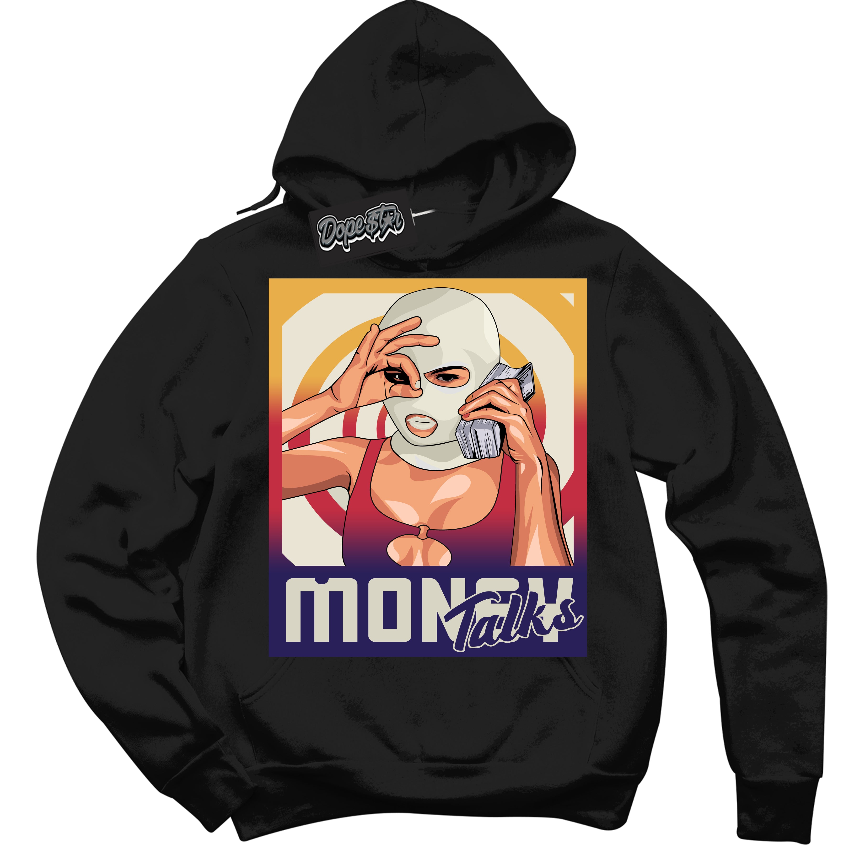 Cool Black Hoodie with “ Money Talks ”  design that Perfectly Matches J Balvin Sunset 3s Jordans.