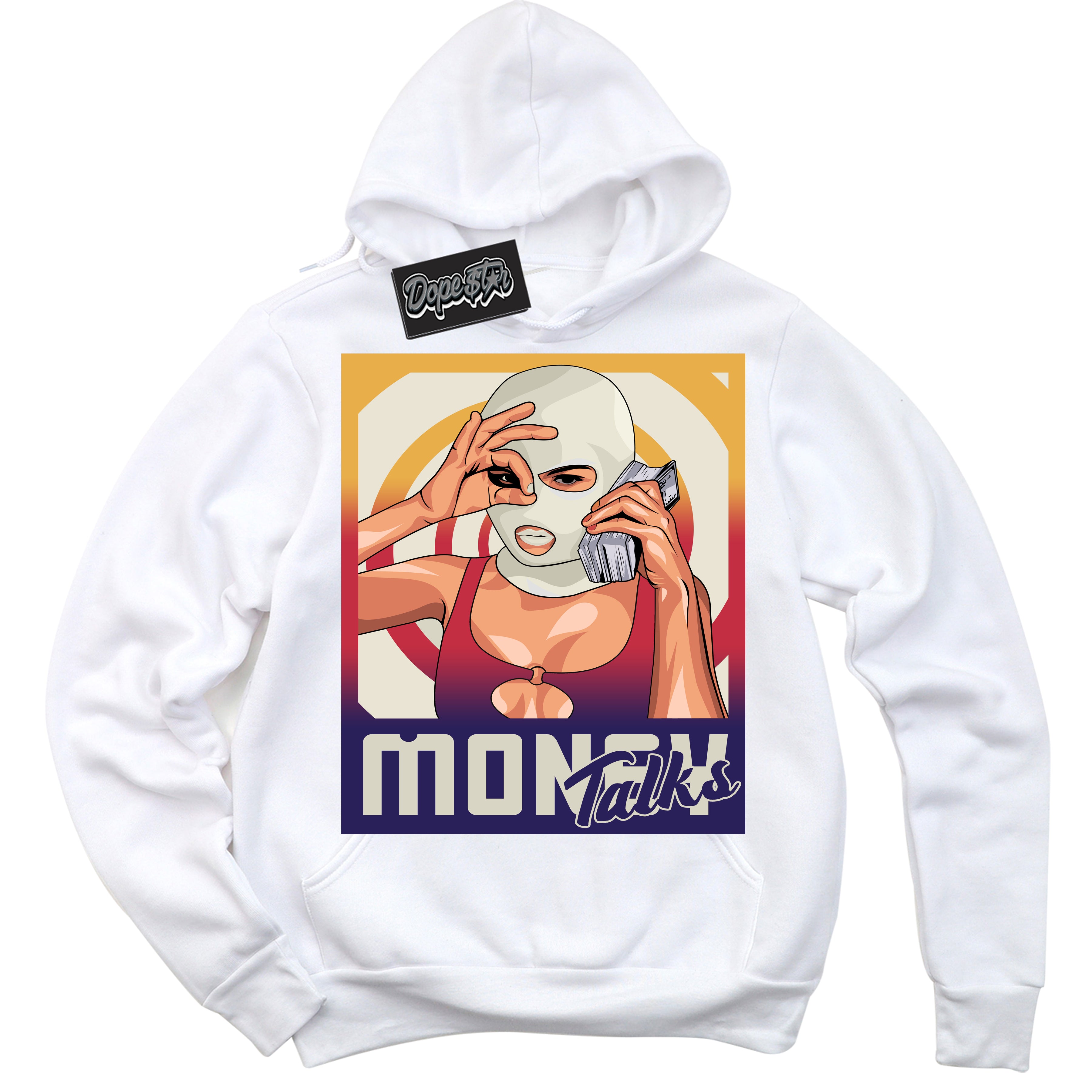 Cool White Hoodie with “ Money Talks ”  design that Perfectly Matches J Balvin Sunset 3s Jordans.