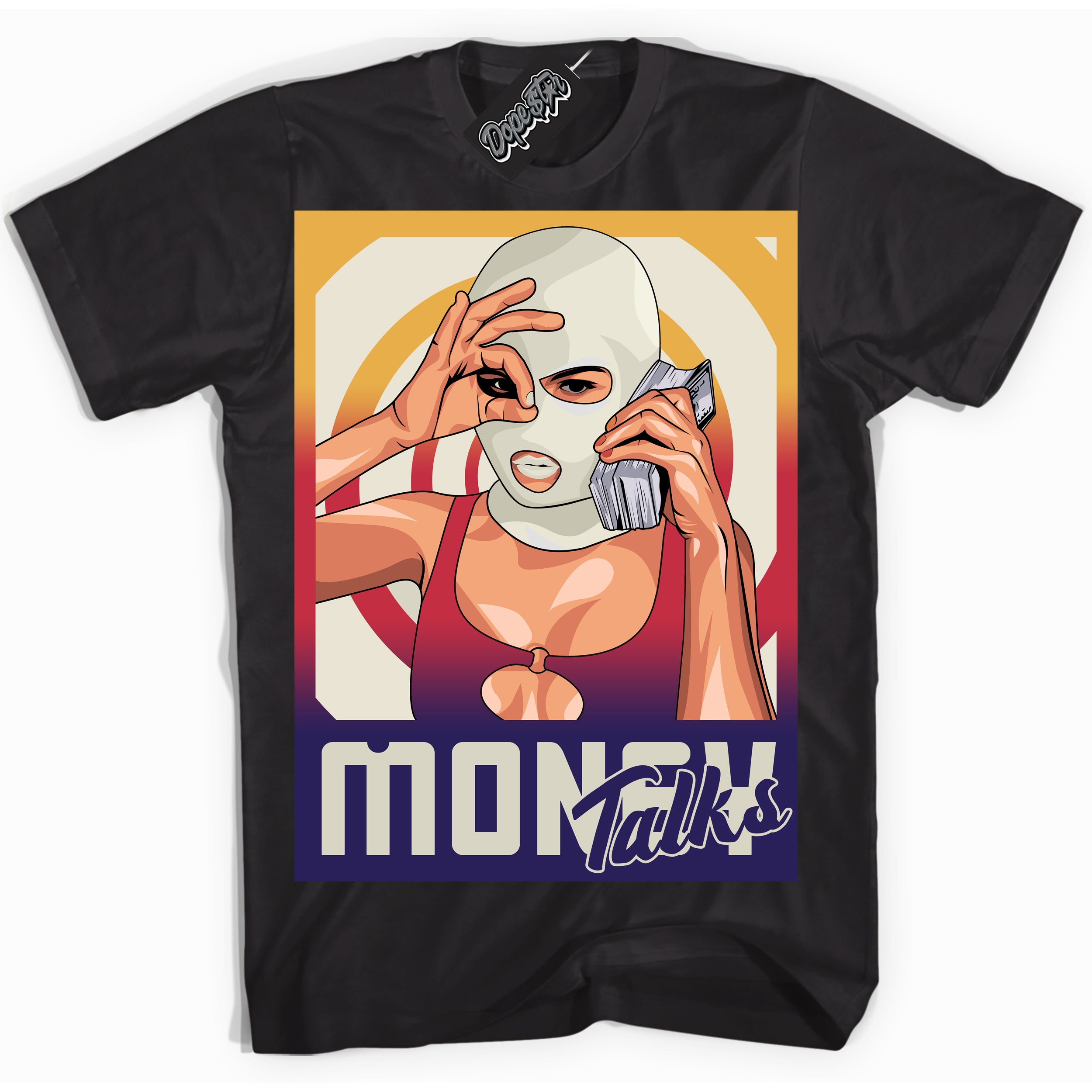 Cool Black Shirt with “ Money Talks” design that perfectly matches J Balvin Sunset 3s Jordans.