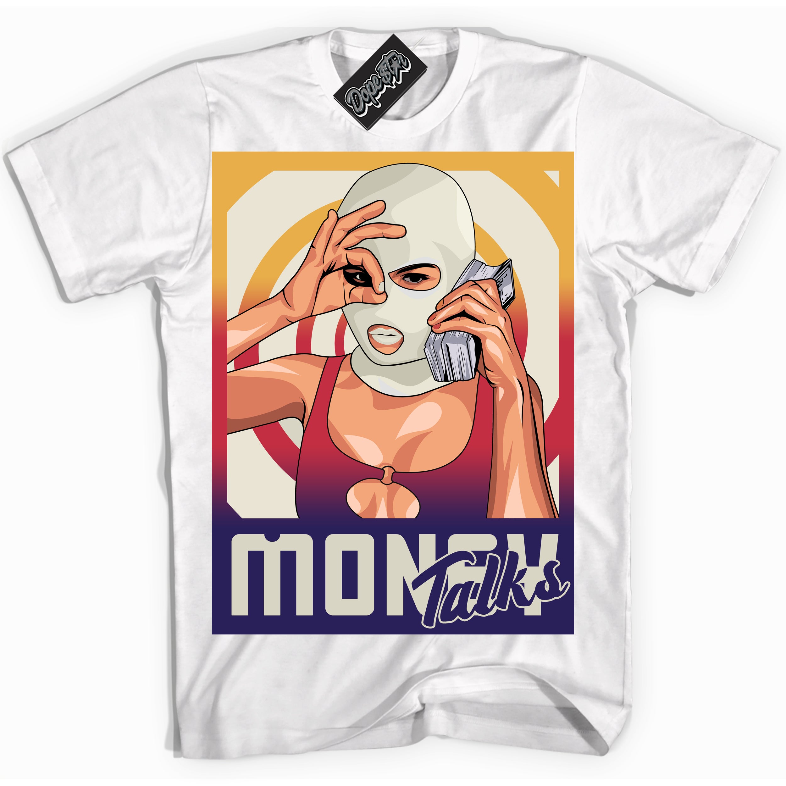 Cool White Shirt with “ Money Talks” design that perfectly matches J Balvin Sunset 3s Jordans.