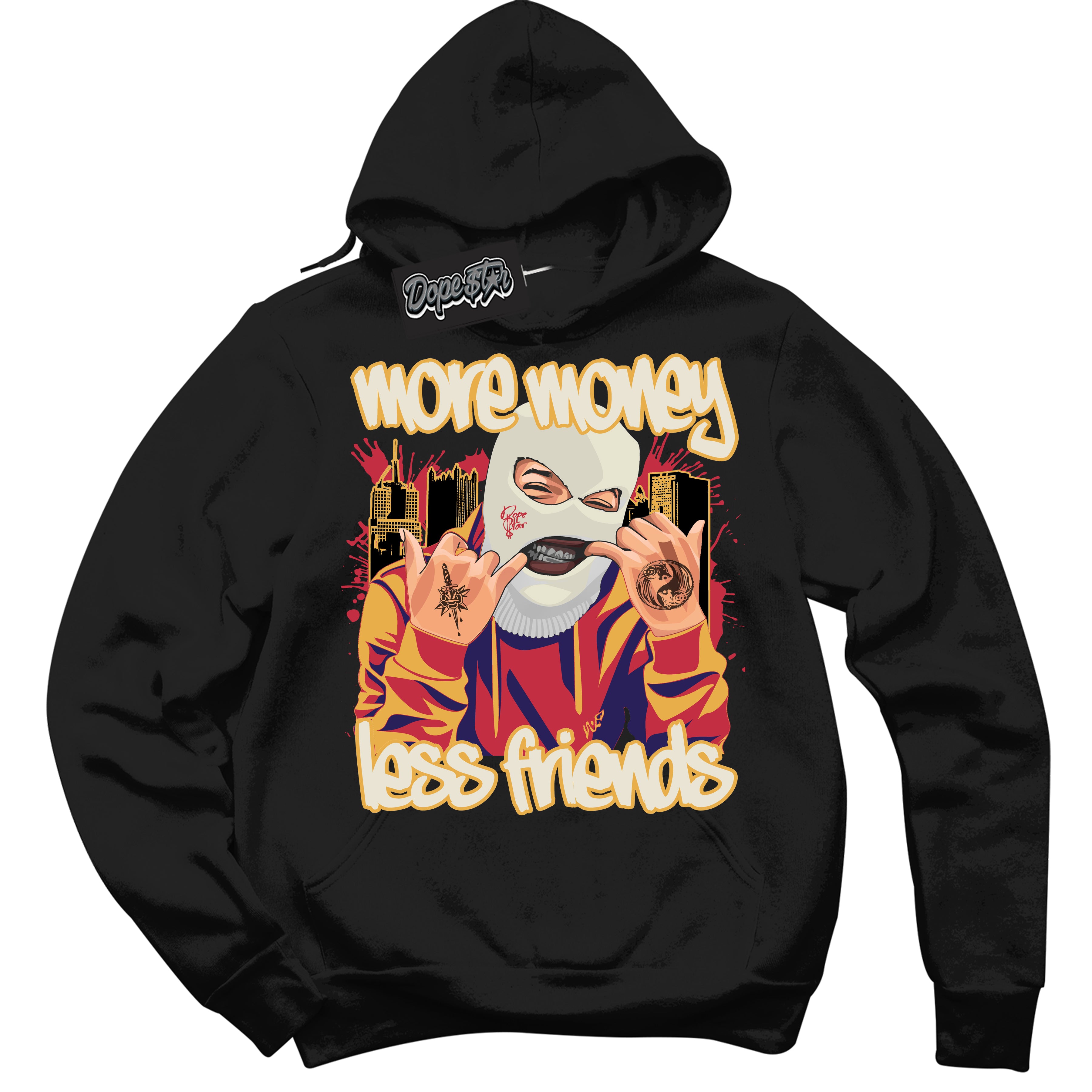 Cool Black Hoodie with “ More Money Less Friends ”  design that Perfectly Matches J Balvin Sunset 3s Jordans.