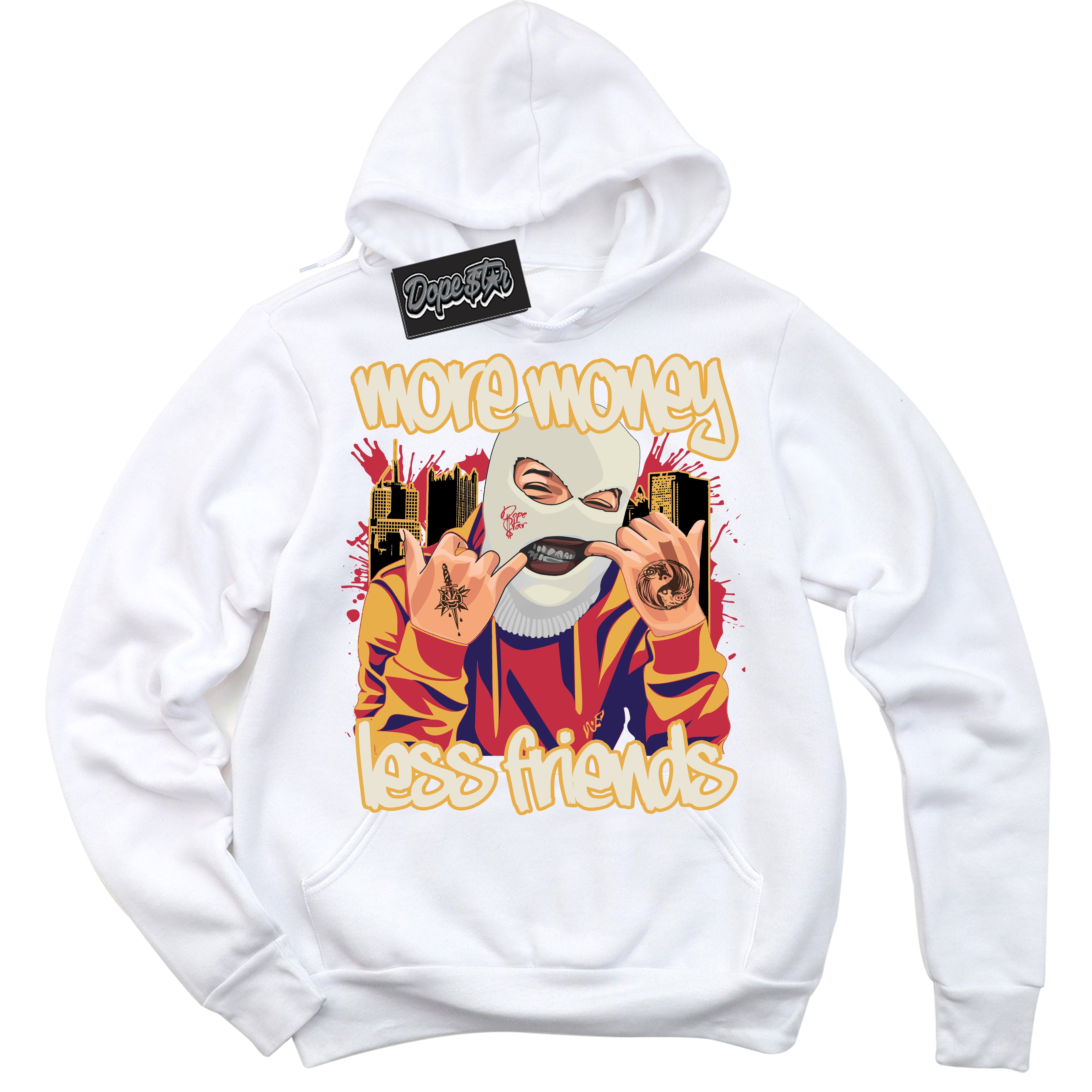 Cool White Hoodie with “ More Money Less Friends ”  design that Perfectly Matches J Balvin Sunset 3s Jordans.