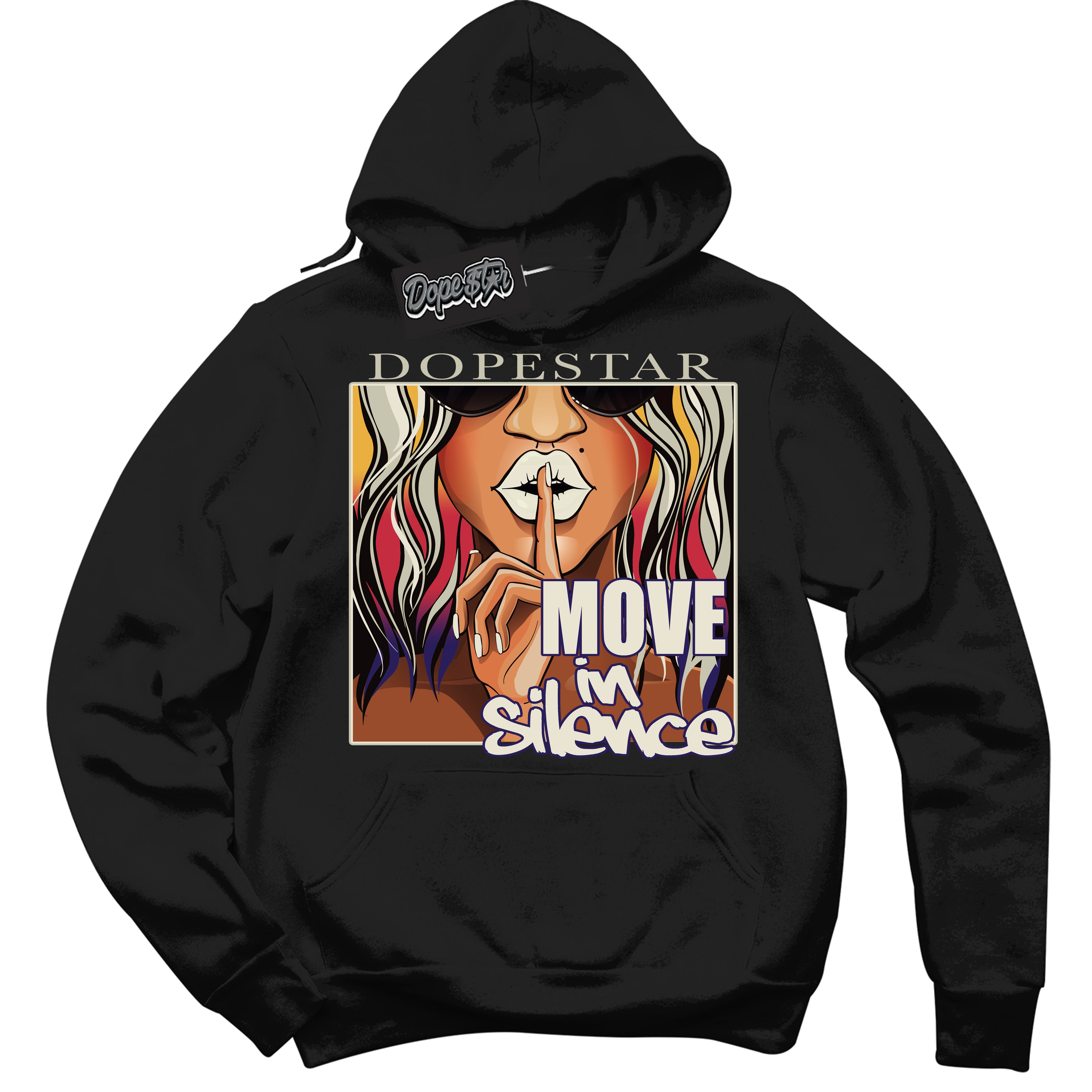 Cool Black Hoodie with “ Move In Silence ”  design that Perfectly Matches J Balvin Sunset 3s Jordans.