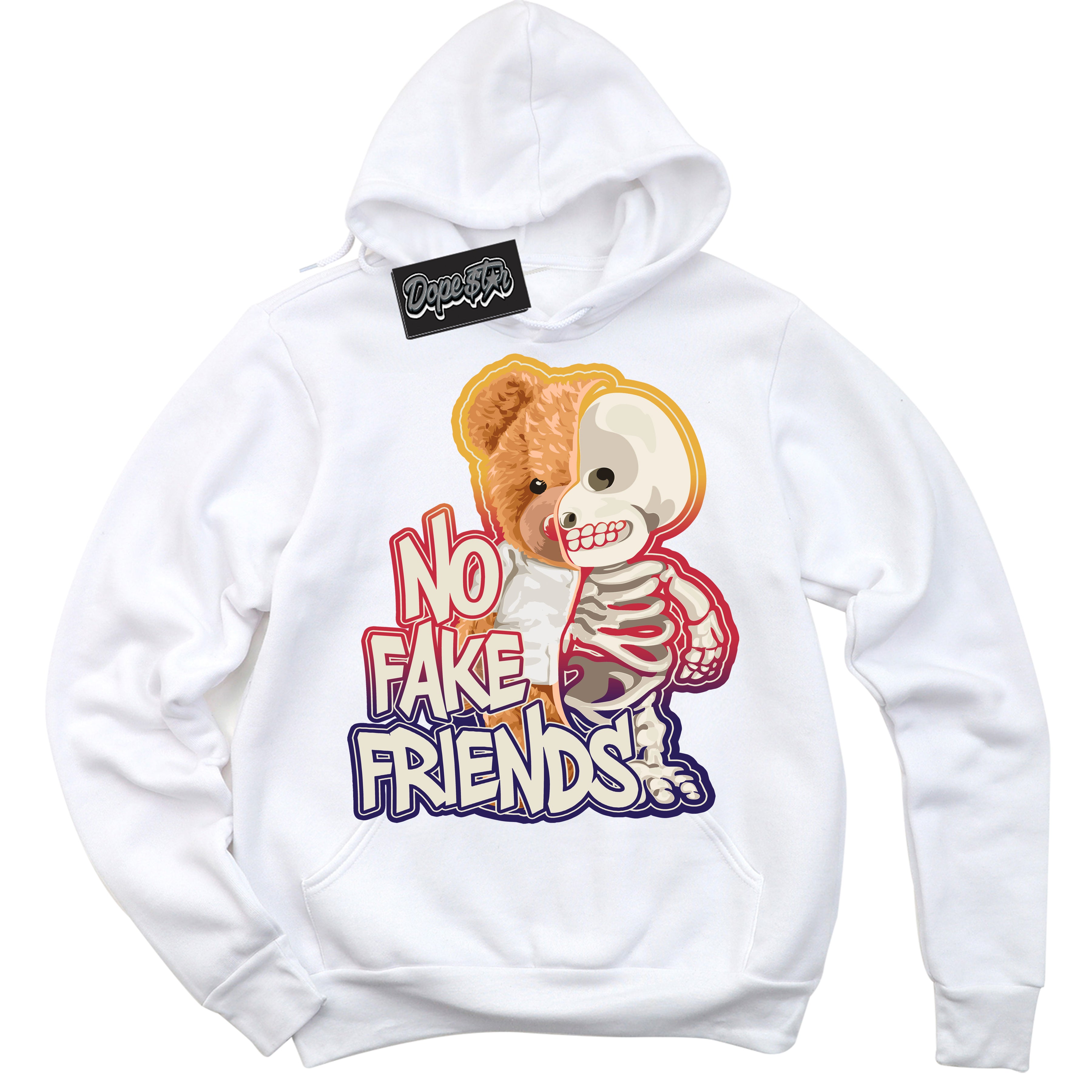 Cool White Hoodie with “ No Fake Friends ”  design that Perfectly Matches J Balvin Sunset 3s Jordans.