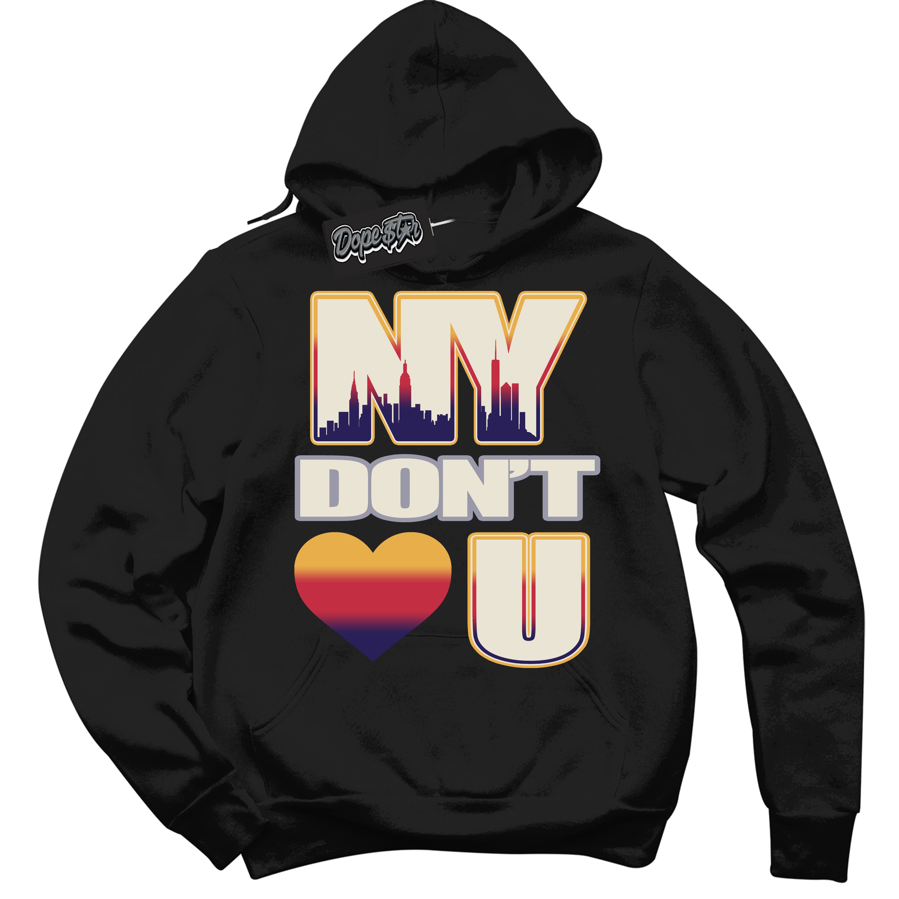 Cool Black Hoodie with “ NY Don't Love You ”  design that Perfectly Matches J Balvin Sunset 3s Jordans.