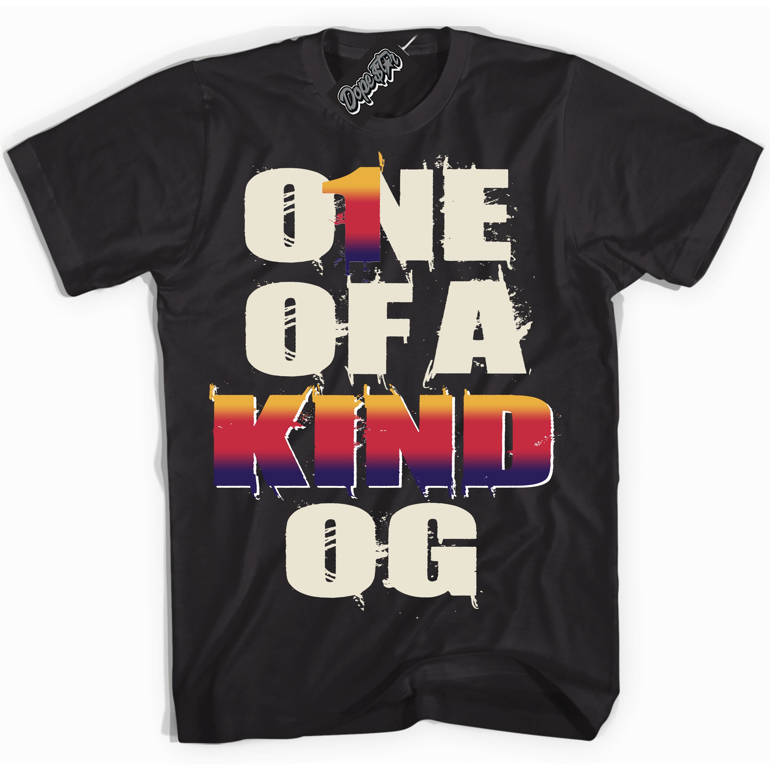 Cool Black Shirt with “ One Of A Kind” design that perfectly matches J Balvin Sunset 3s Jordans.