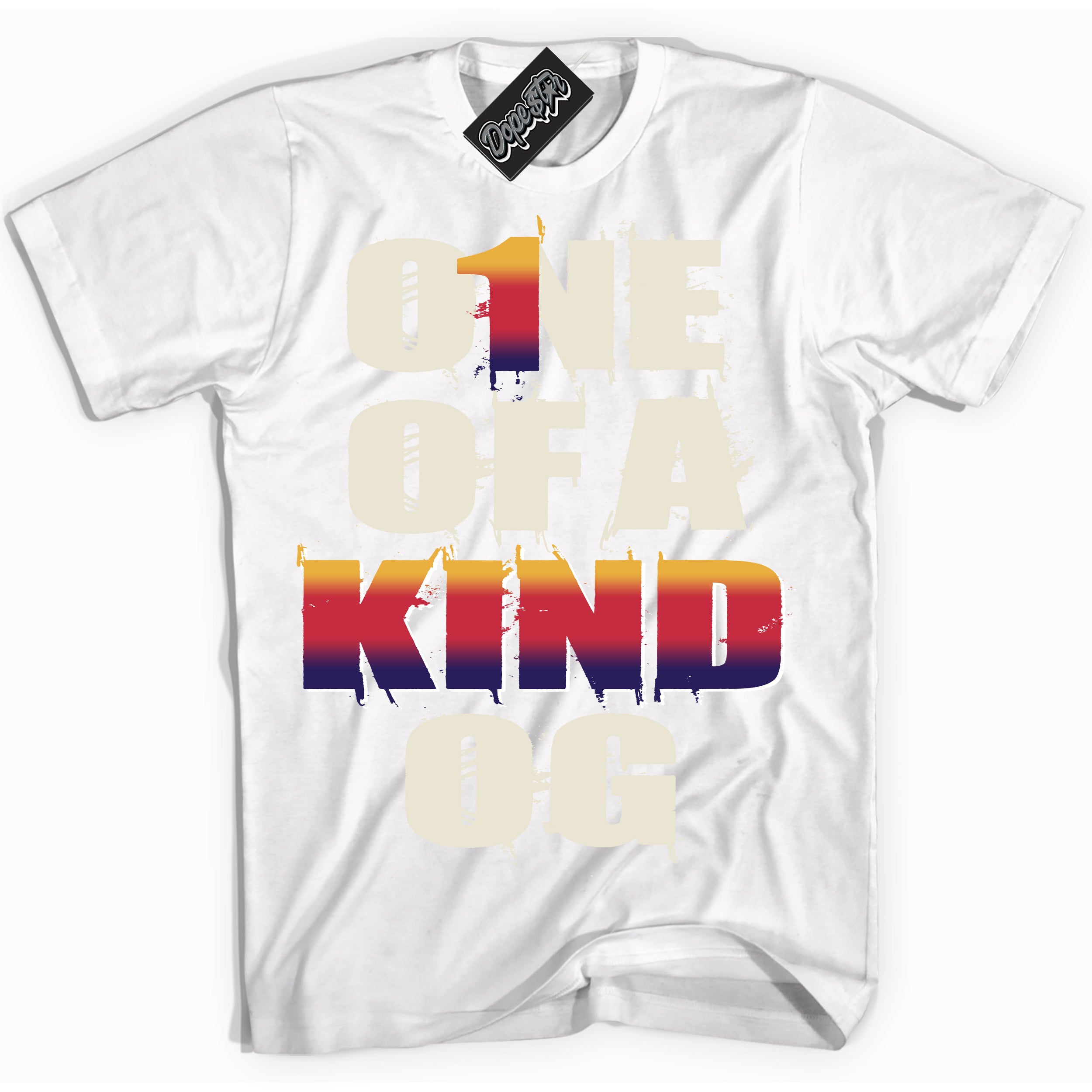 Cool White Shirt with “ One Of A Kind” design that perfectly matches J Balvin Sunset 3s Jordans.