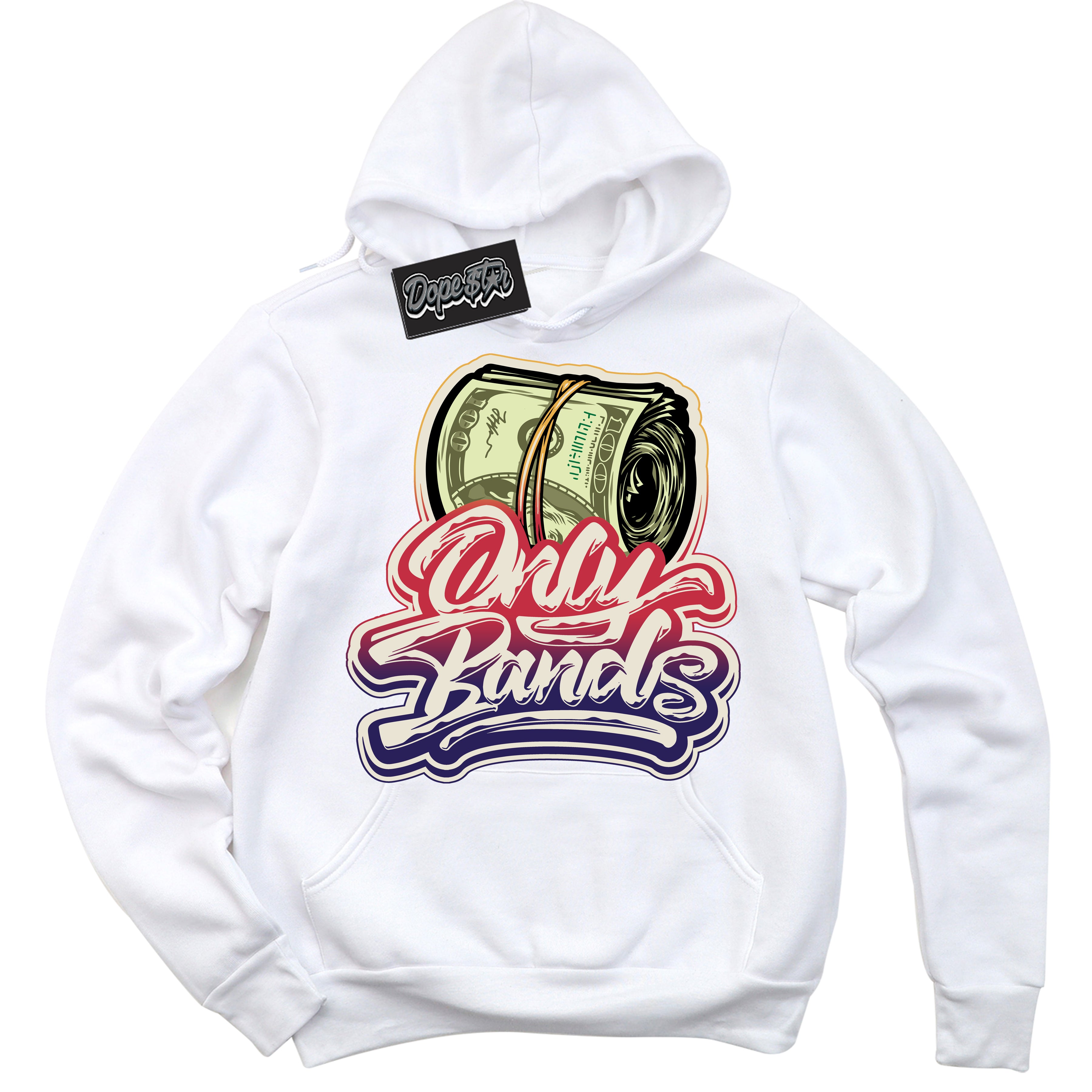 Cool White Hoodie with “ Only Bands ”  design that Perfectly Matches J Balvin Sunset 3s Jordans.