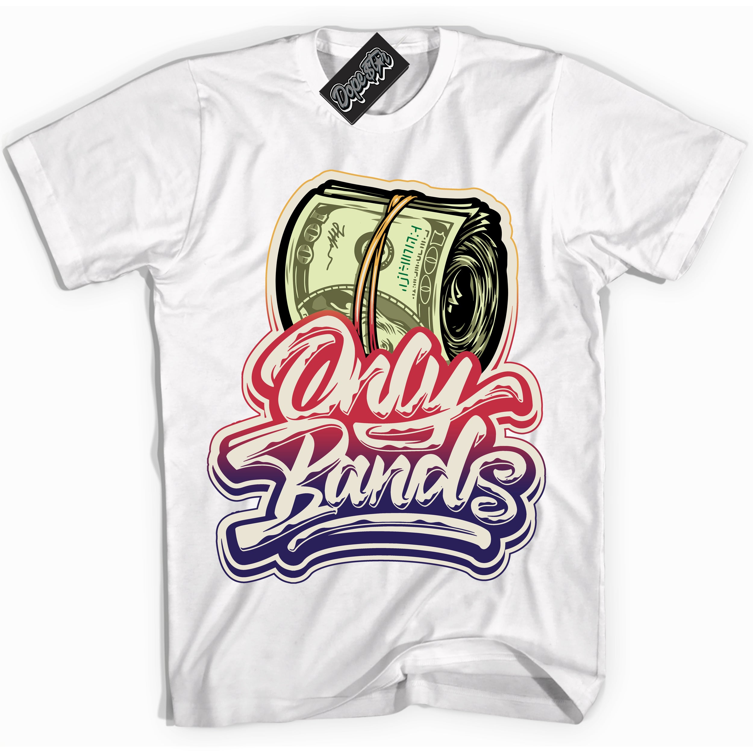 Cool White Shirt with “ Only Bands” design that perfectly matches J Balvin Sunset 3s Jordans.