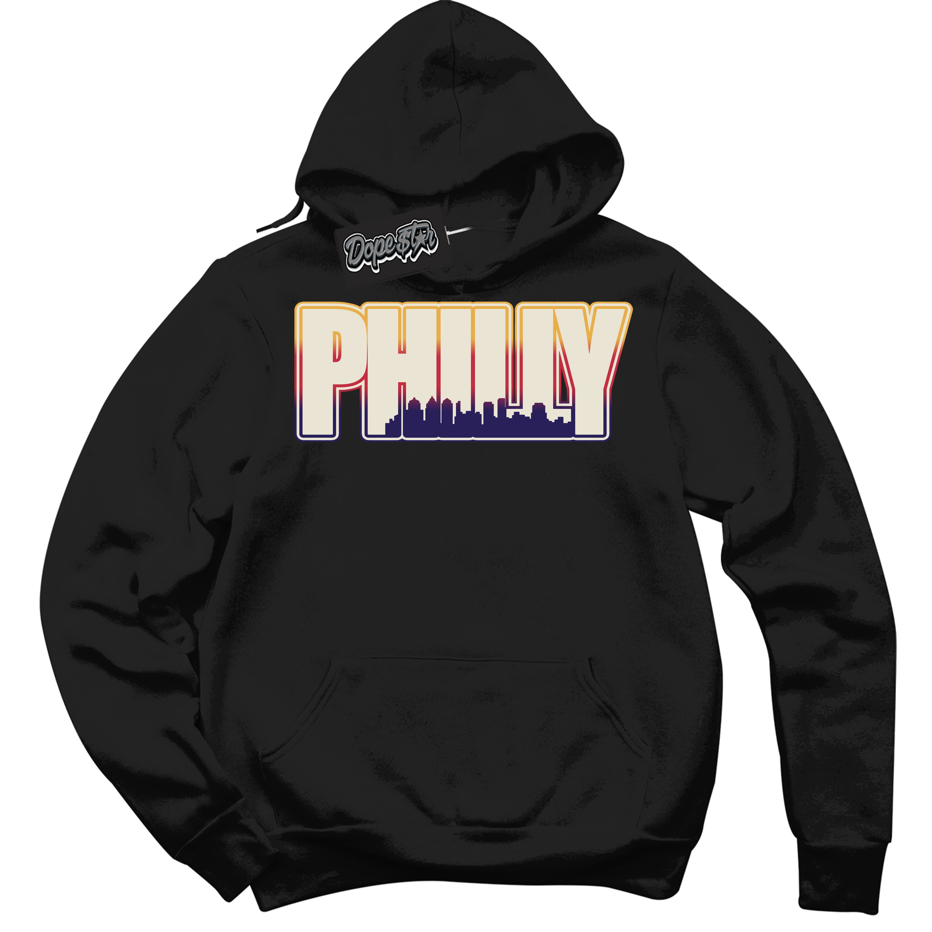 Cool Black Hoodie with “ Philly ”  design that Perfectly Matches J Balvin Sunset 3s Jordans.