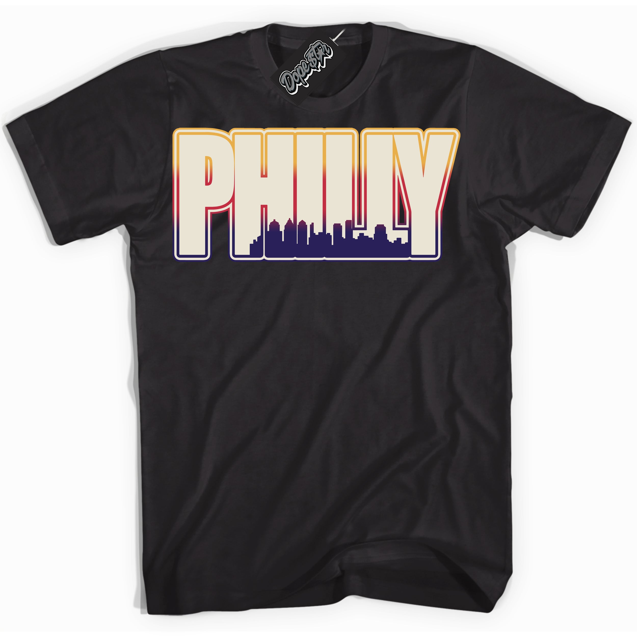 Cool Black Shirt with “ Philly” design that perfectly matches J Balvin Sunset 3s Jordans.