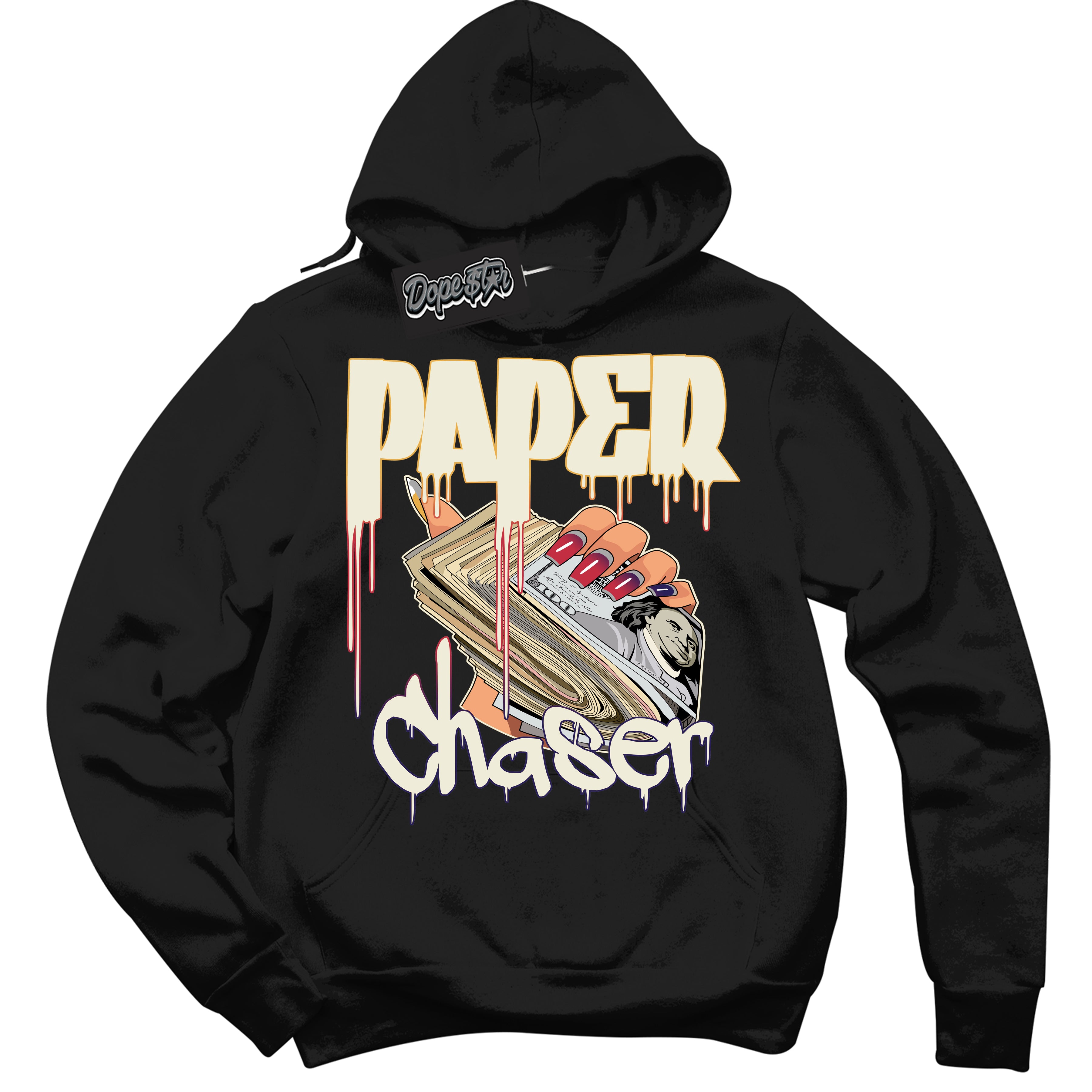 Cool Black Hoodie with “ Paper Chaser ”  design that Perfectly Matches J Balvin Sunset 3s Jordans.