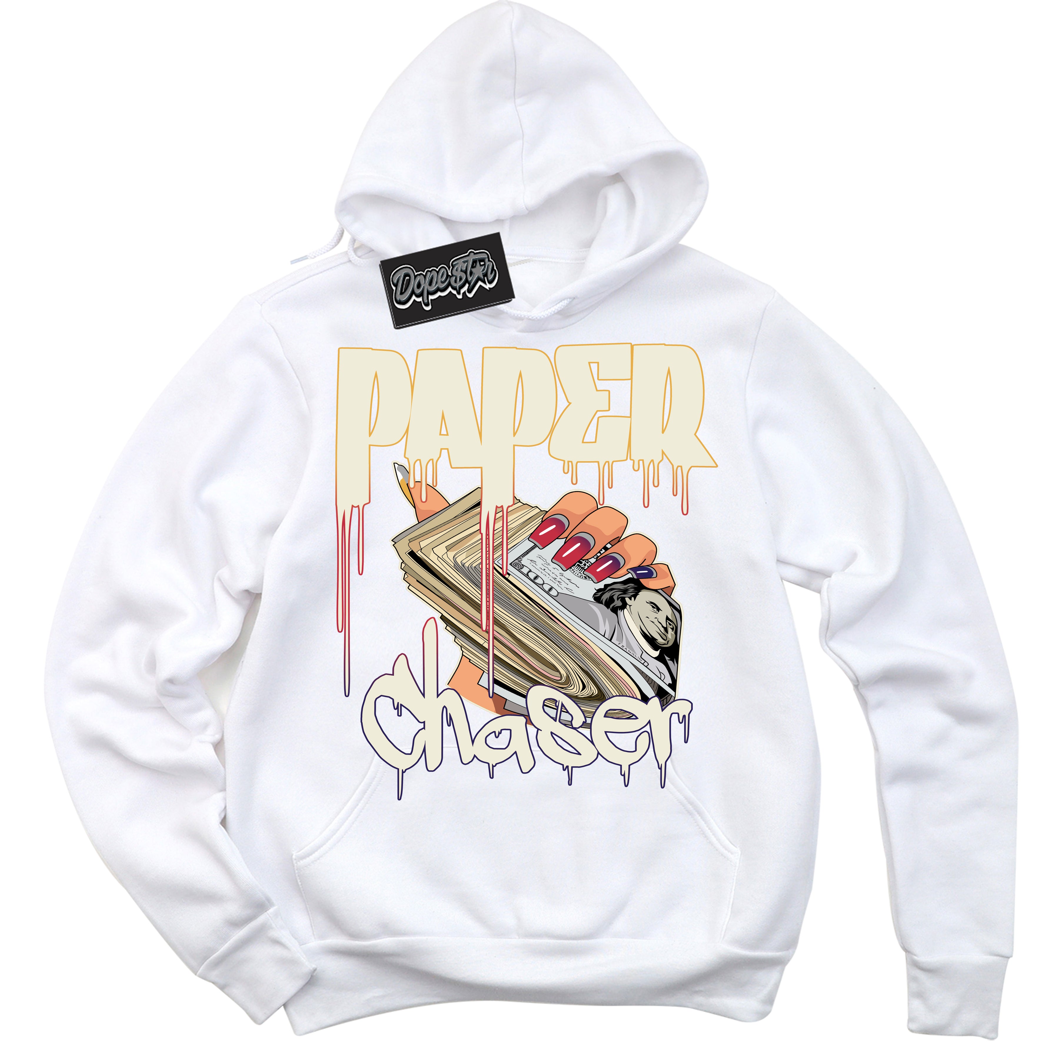 Cool White Hoodie with “ Paper Chaser ”  design that Perfectly Matches J Balvin Sunset 3s Jordans.