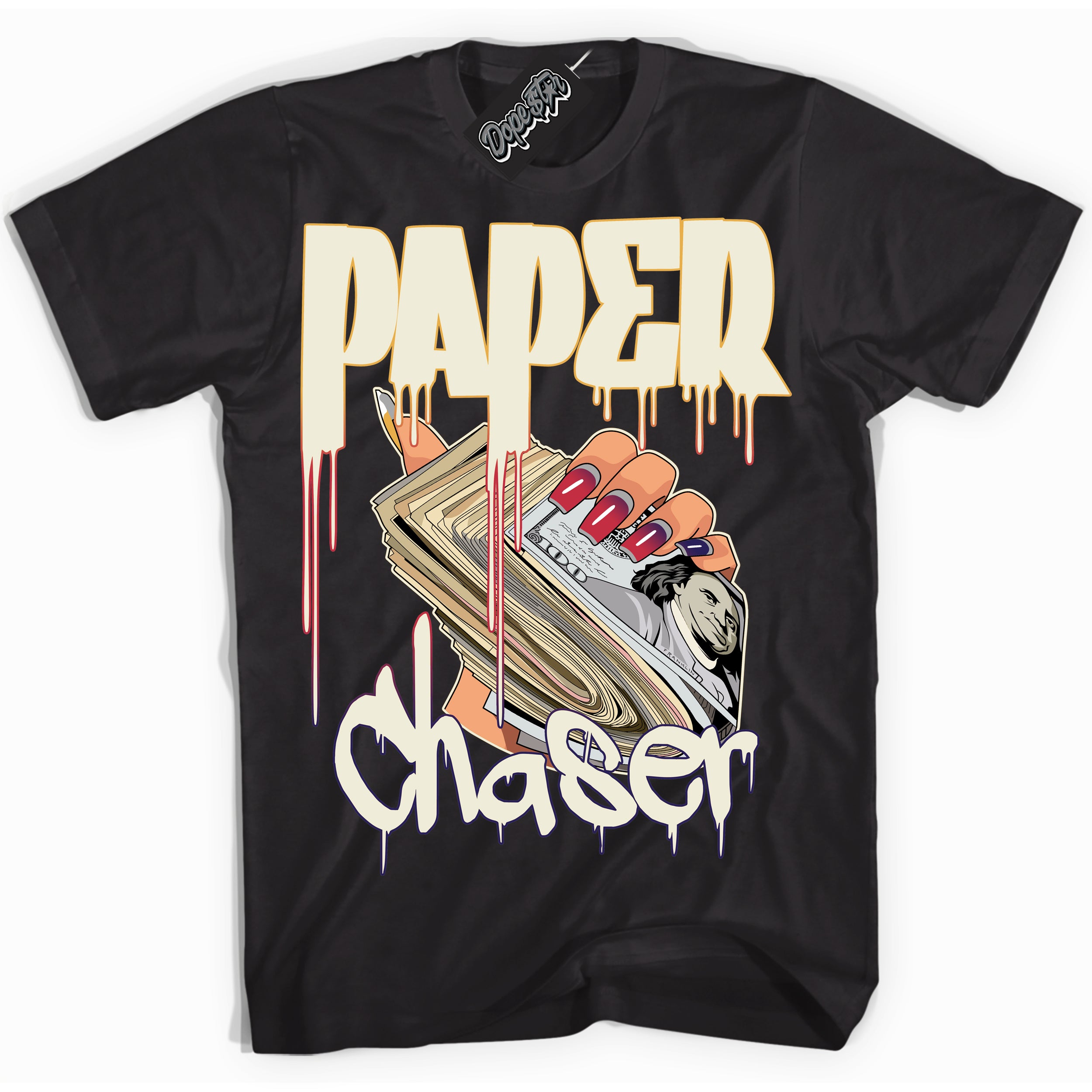 Cool Black Shirt with “ Paper Chaser” design that perfectly matches J Balvin Sunset 3s Jordans.