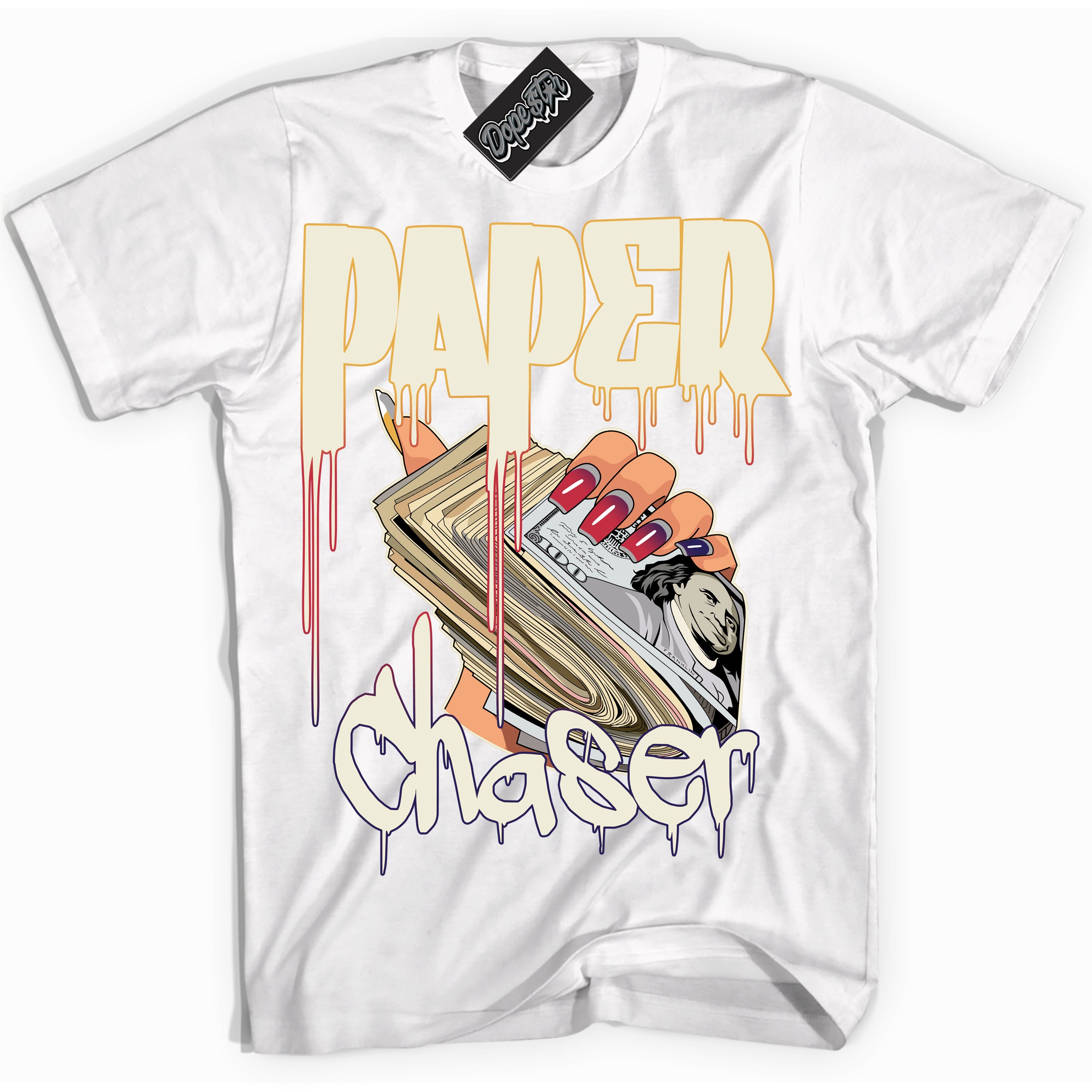 Cool White Shirt with “ Paper Chaser” design that perfectly matches J Balvin Sunset 3s Jordans.