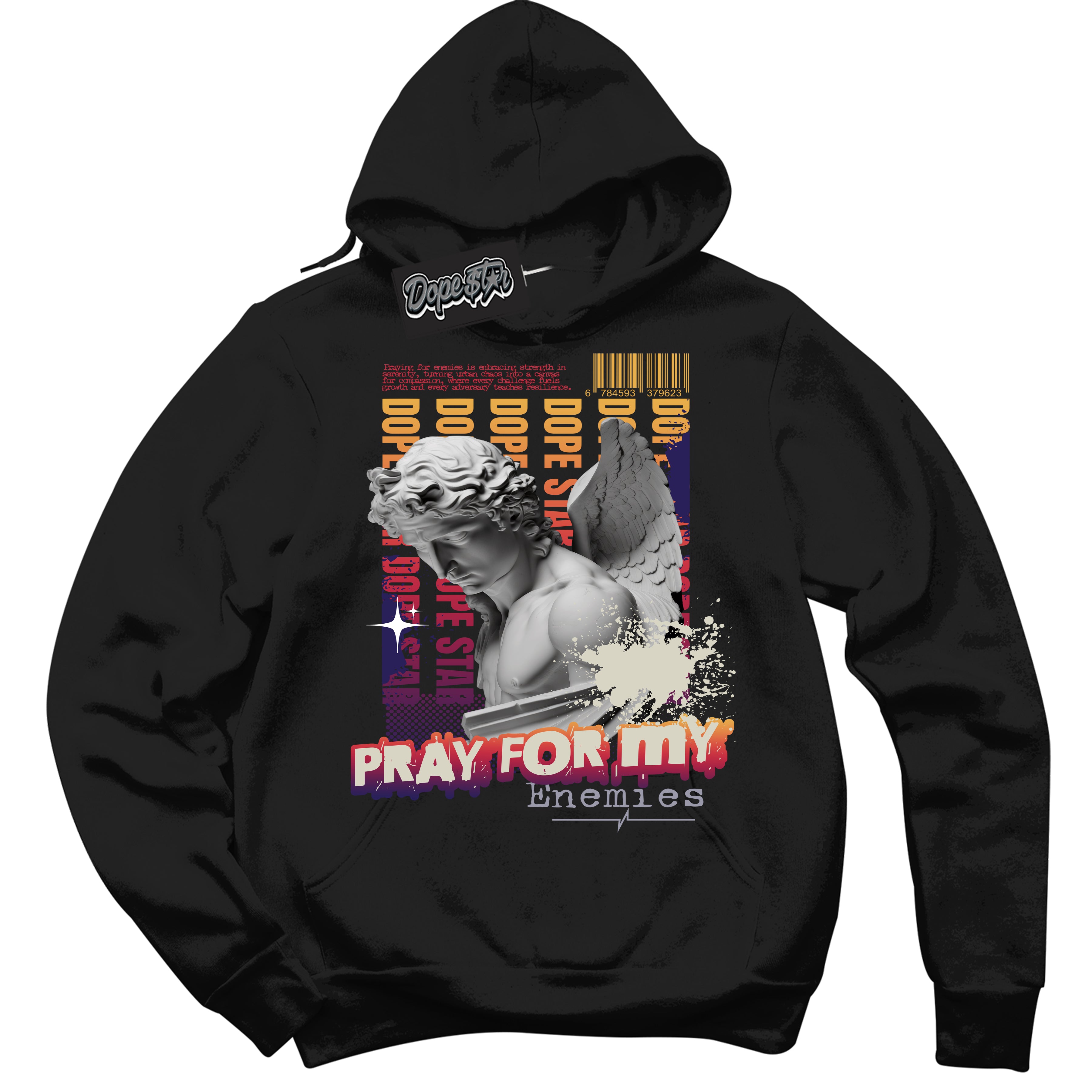 Cool Black Hoodie with “ Pray Enemies ”  design that Perfectly Matches J Balvin Sunset 3s Sneakers.