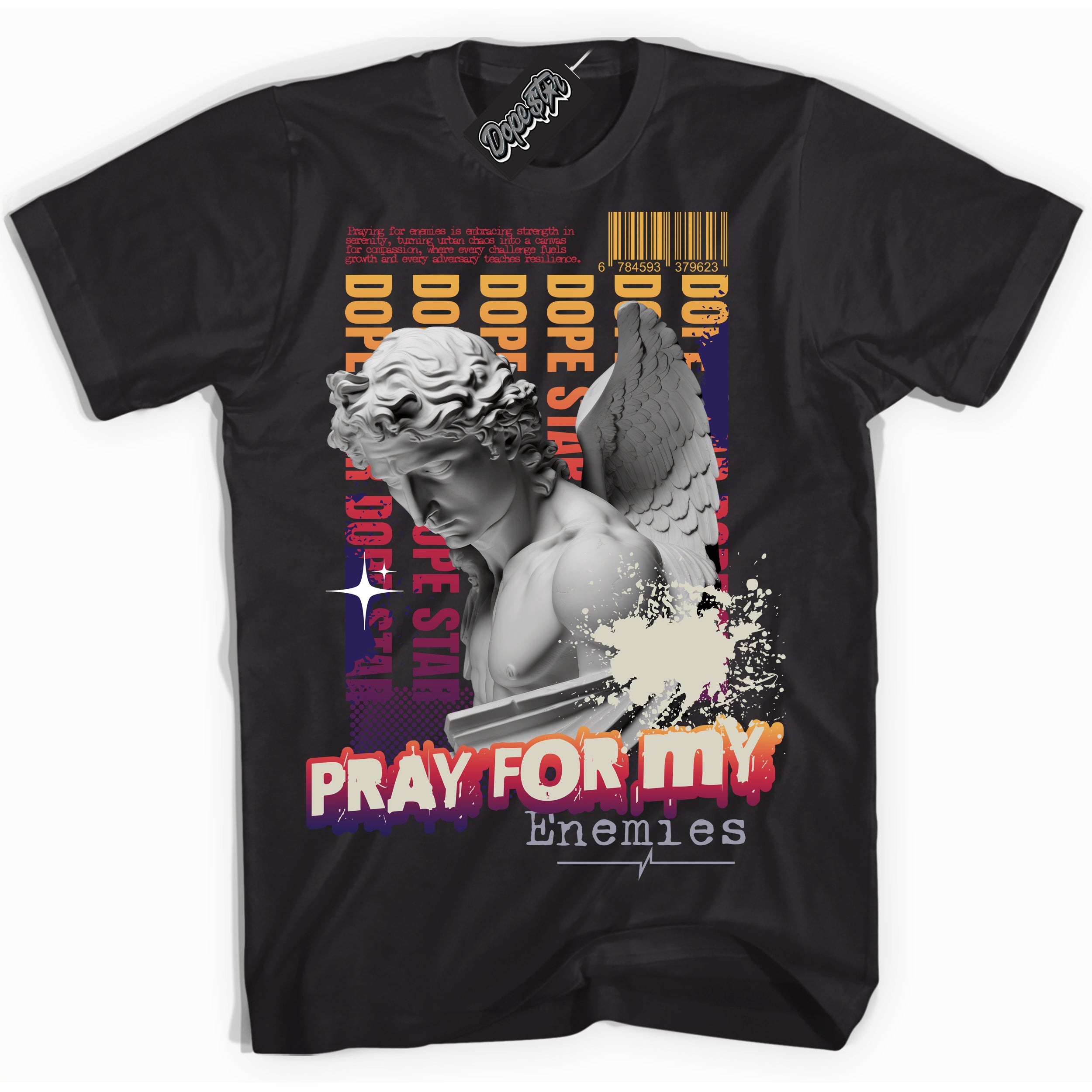 Cool Black Shirt with “ Pray Enemies” design that perfectly matches J Balvin Sunset 3s Sneakers.