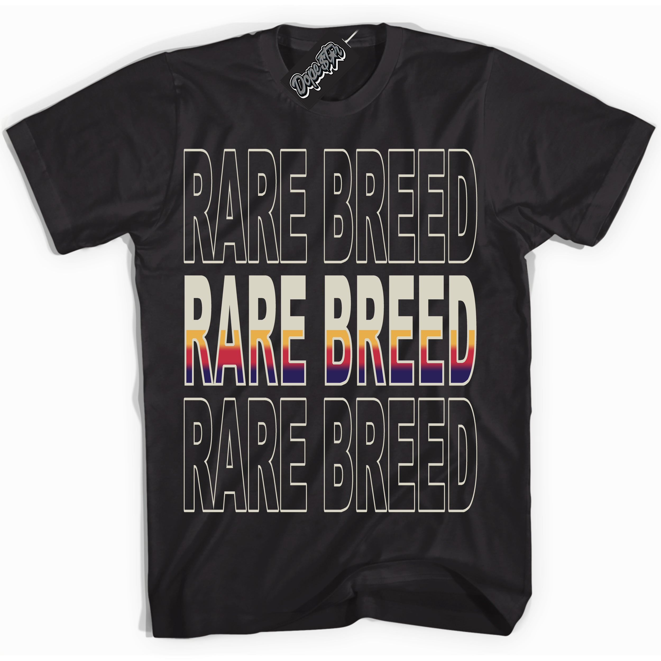 Cool Black Shirt with “ Rare Breed” design that perfectly matches J Balvin Sunset 3s Jordans.