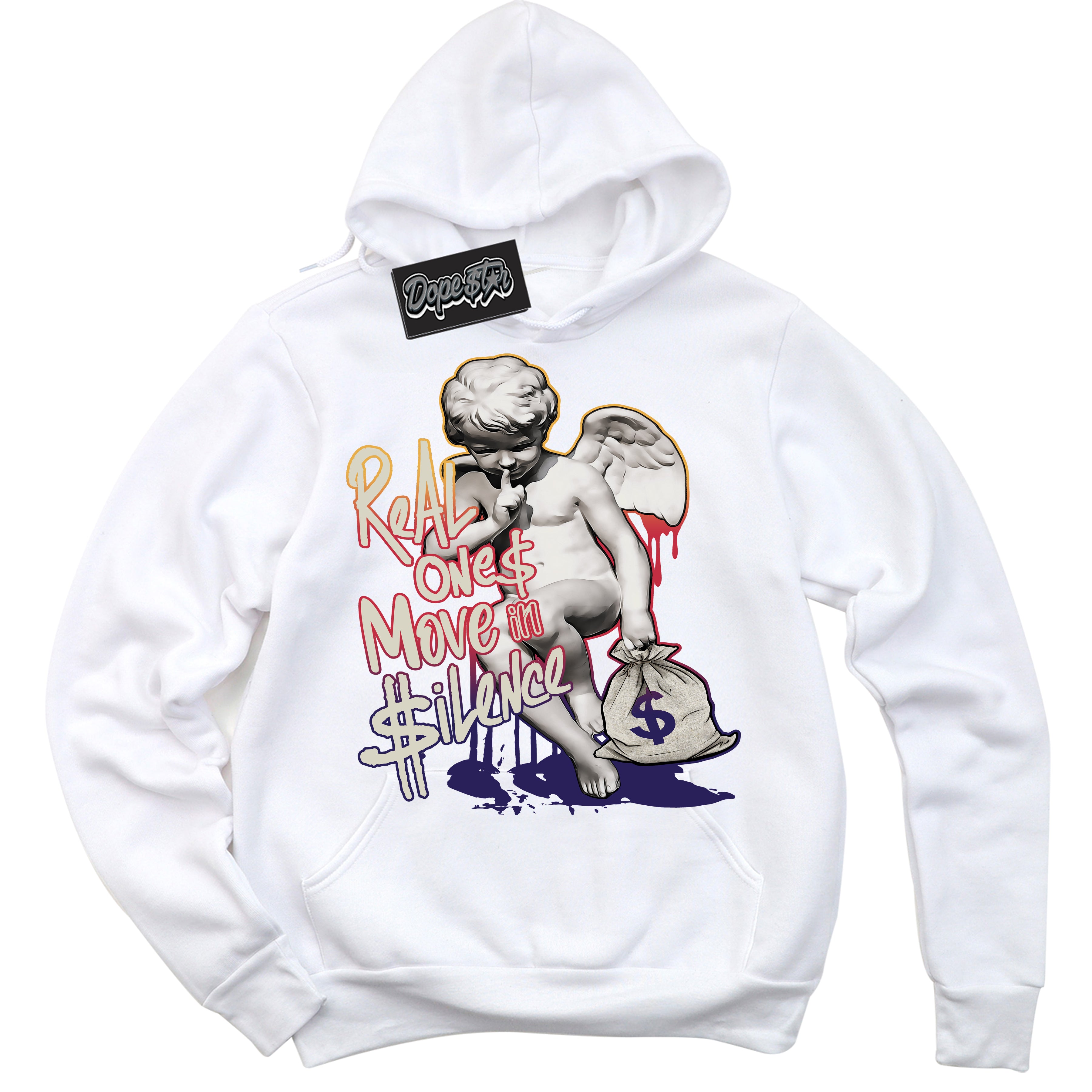 Cool White Hoodie with “ Real Ones Cherub ”  design that Perfectly Matches J Balvin Sunset 3s Jordans.