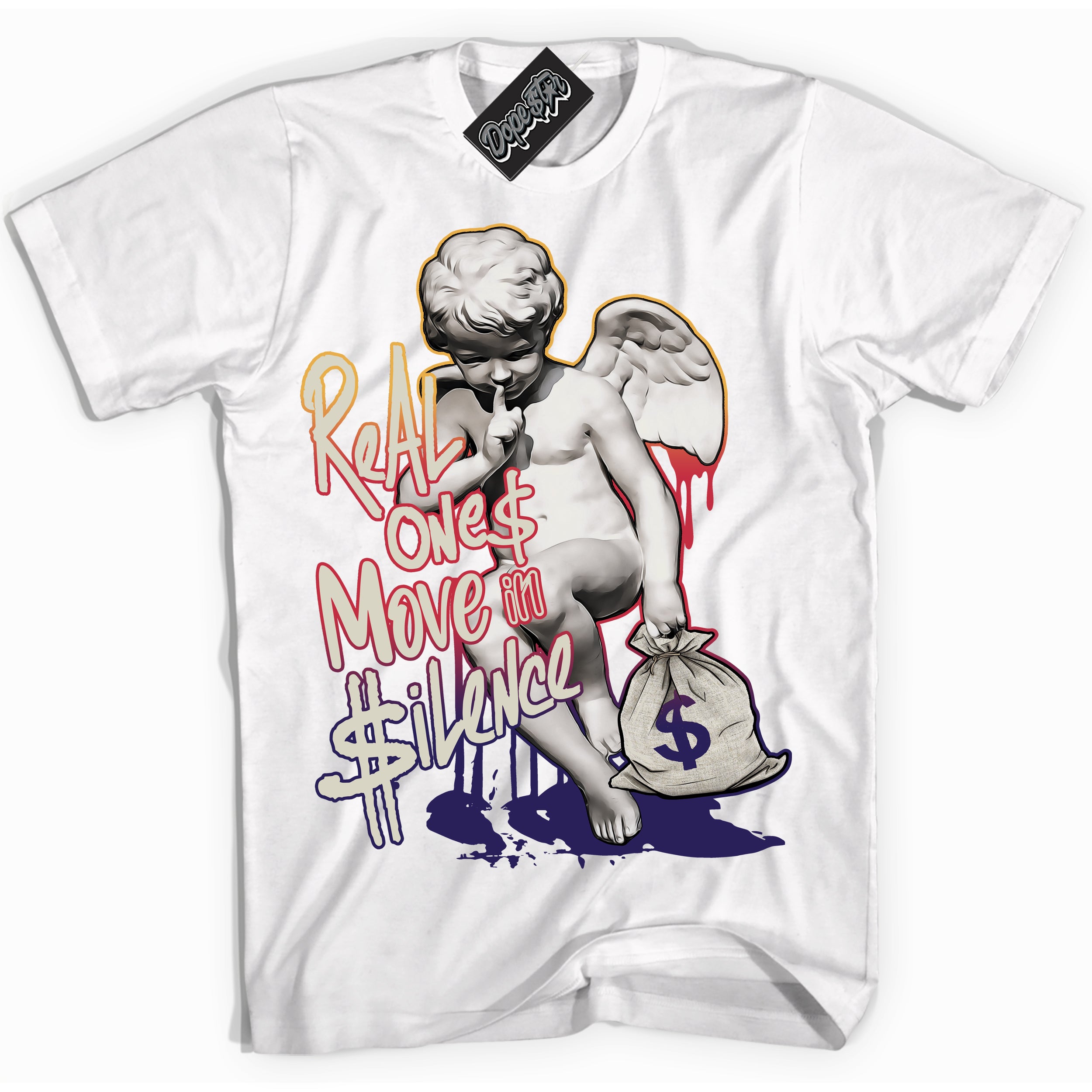 Cool White Shirt with “ Real Ones Cherub” design that perfectly matches J Balvin Sunset 3s Jordans.