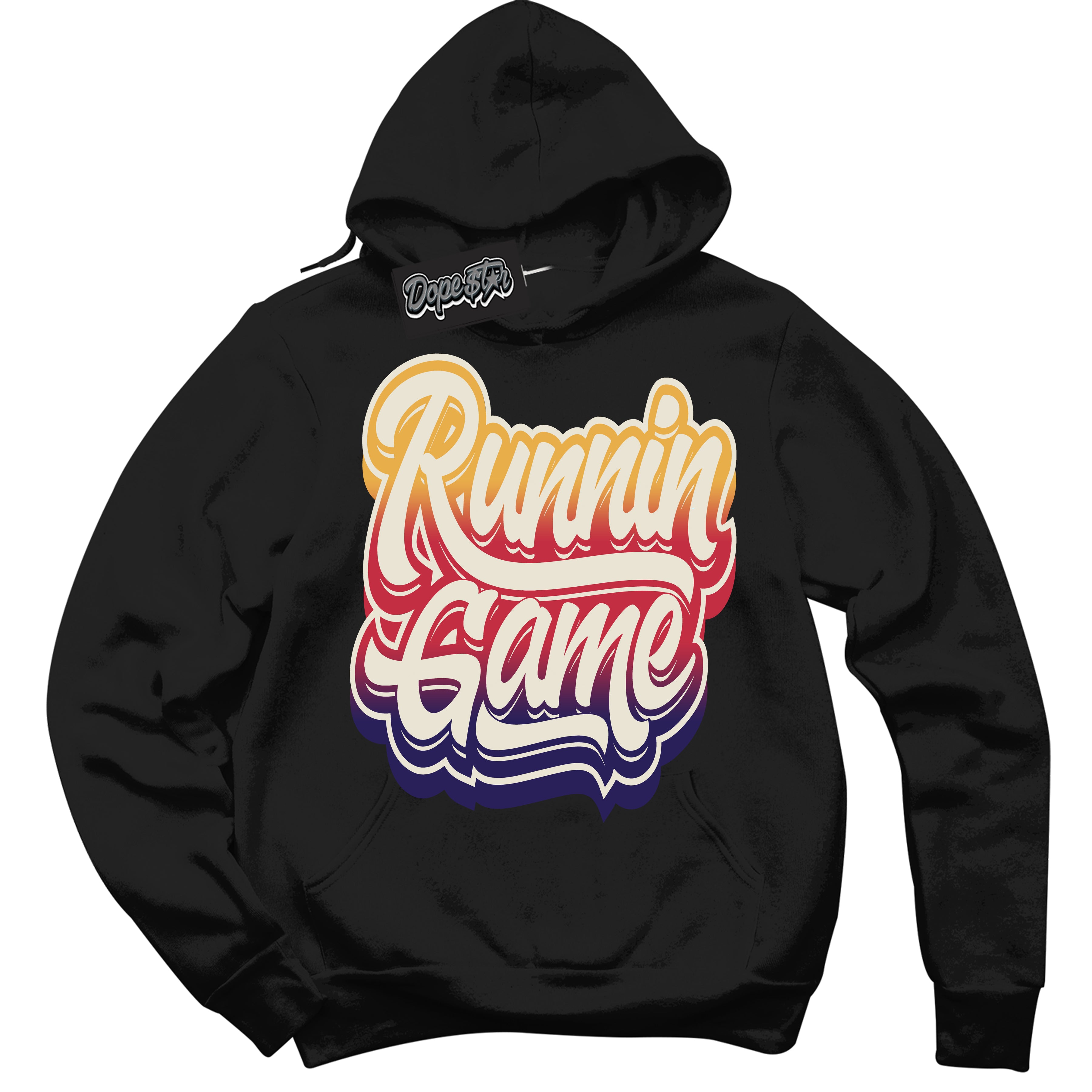 Cool Black Hoodie with “ Running Game ”  design that Perfectly Matches J Balvin Sunset 3s Jordans.