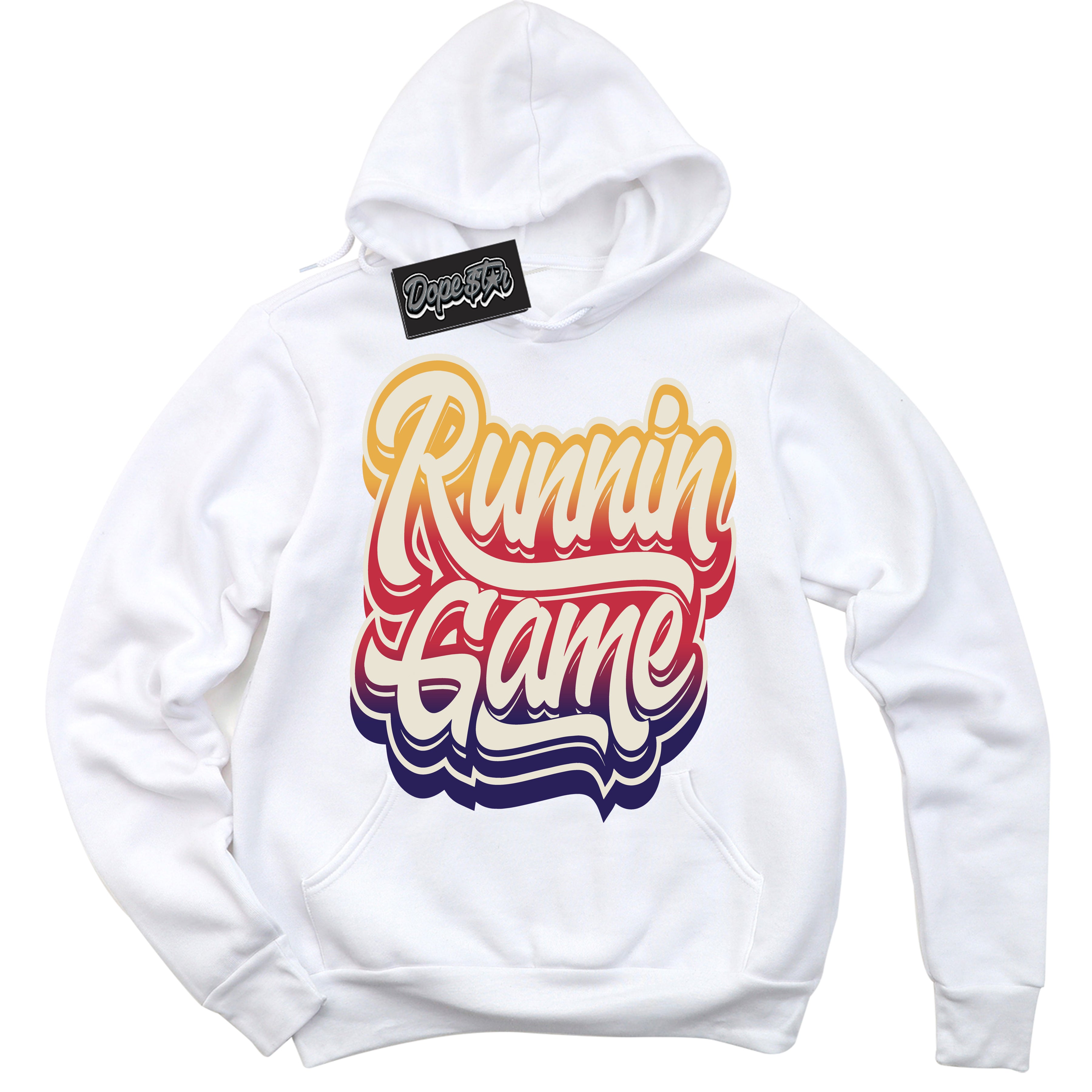 Cool White Hoodie with “ Running Game ”  design that Perfectly Matches J Balvin Sunset 3s Jordans.