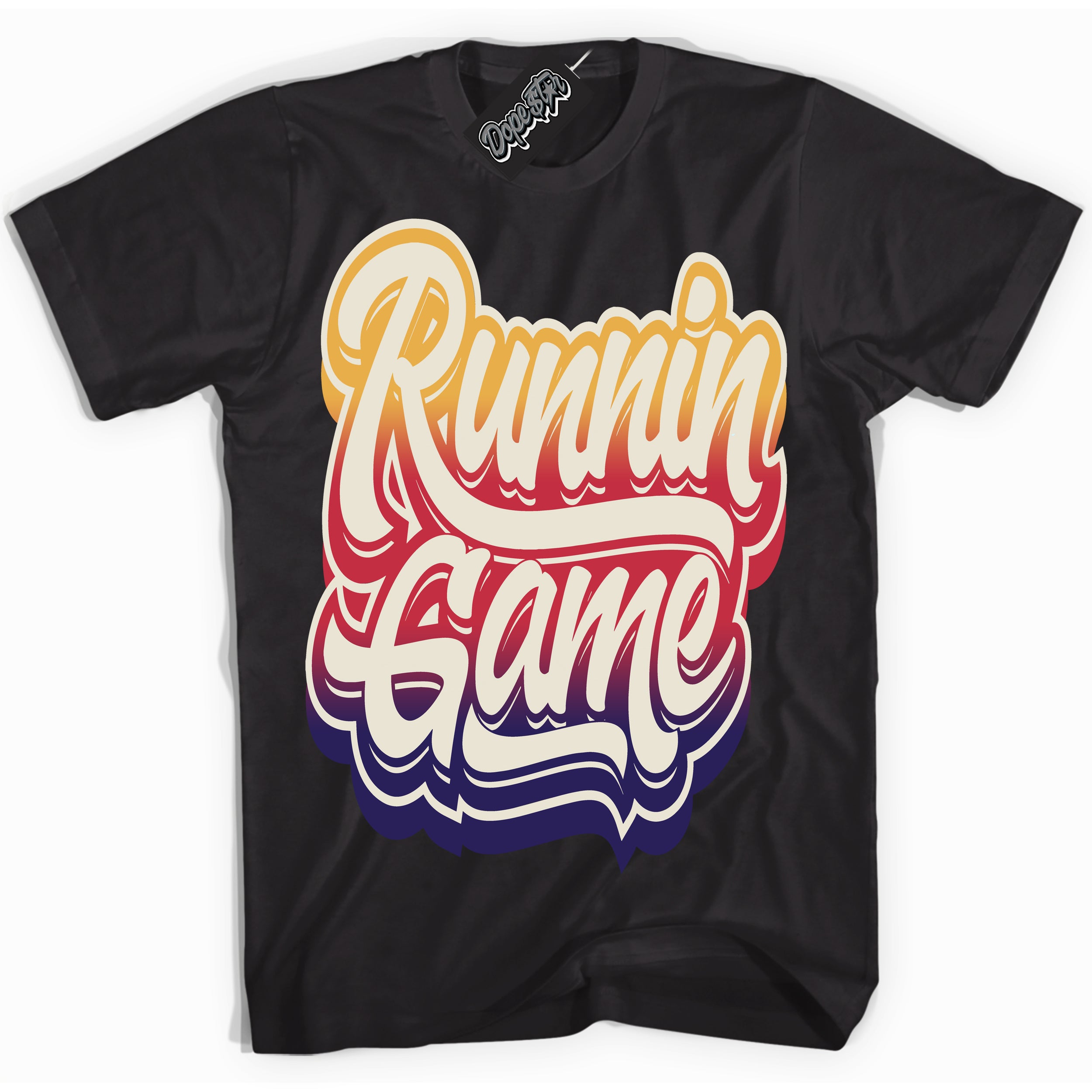 Cool Black Shirt with “ Running Game” design that perfectly matches J Balvin Sunset 3s Jordans.