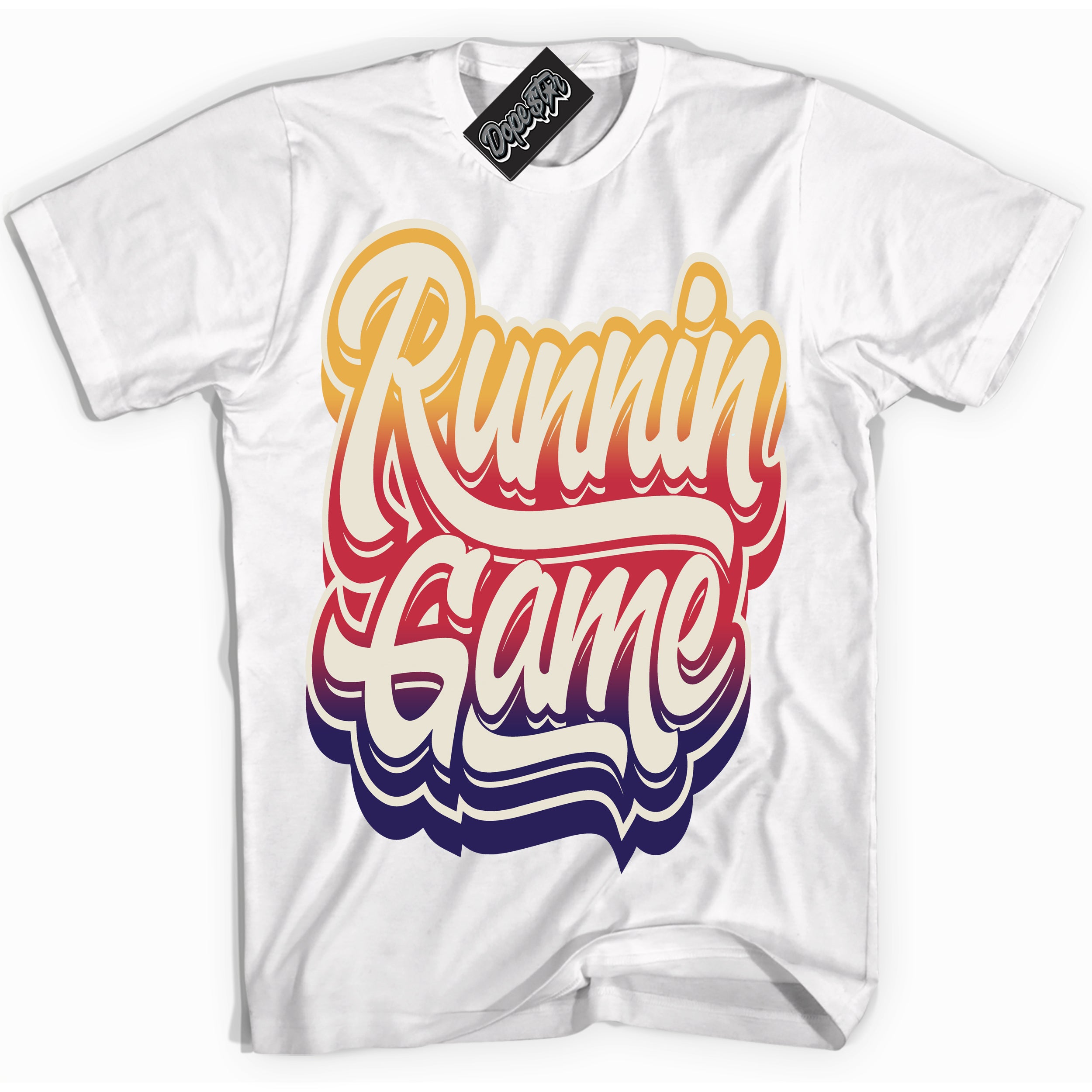 Cool White Shirt with “ Running Game” design that perfectly matches J Balvin Sunset 3s Jordans.