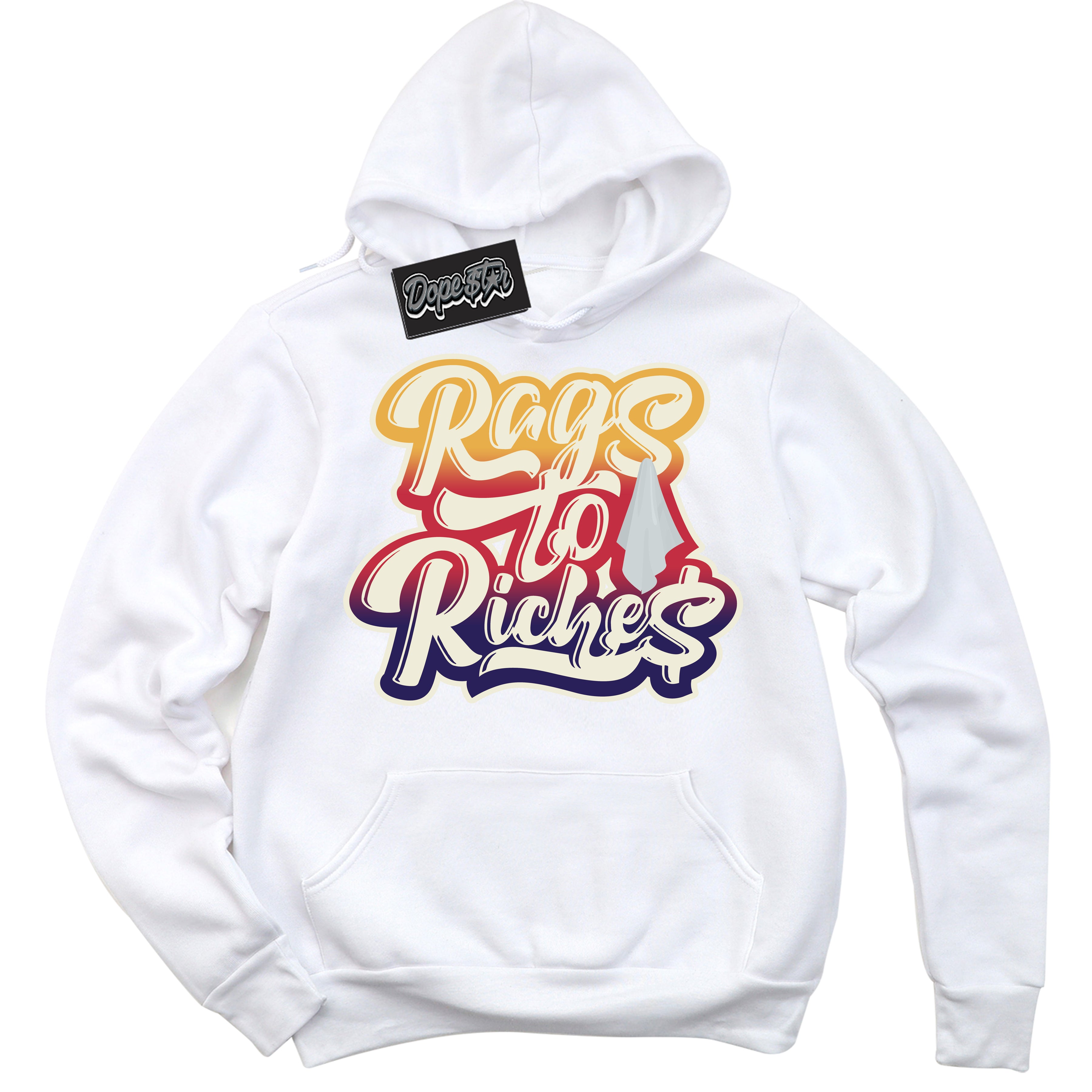 Cool White Hoodie with “ Rags To Riches ”  design that Perfectly Matches J Balvin Sunset 3s Jordans.