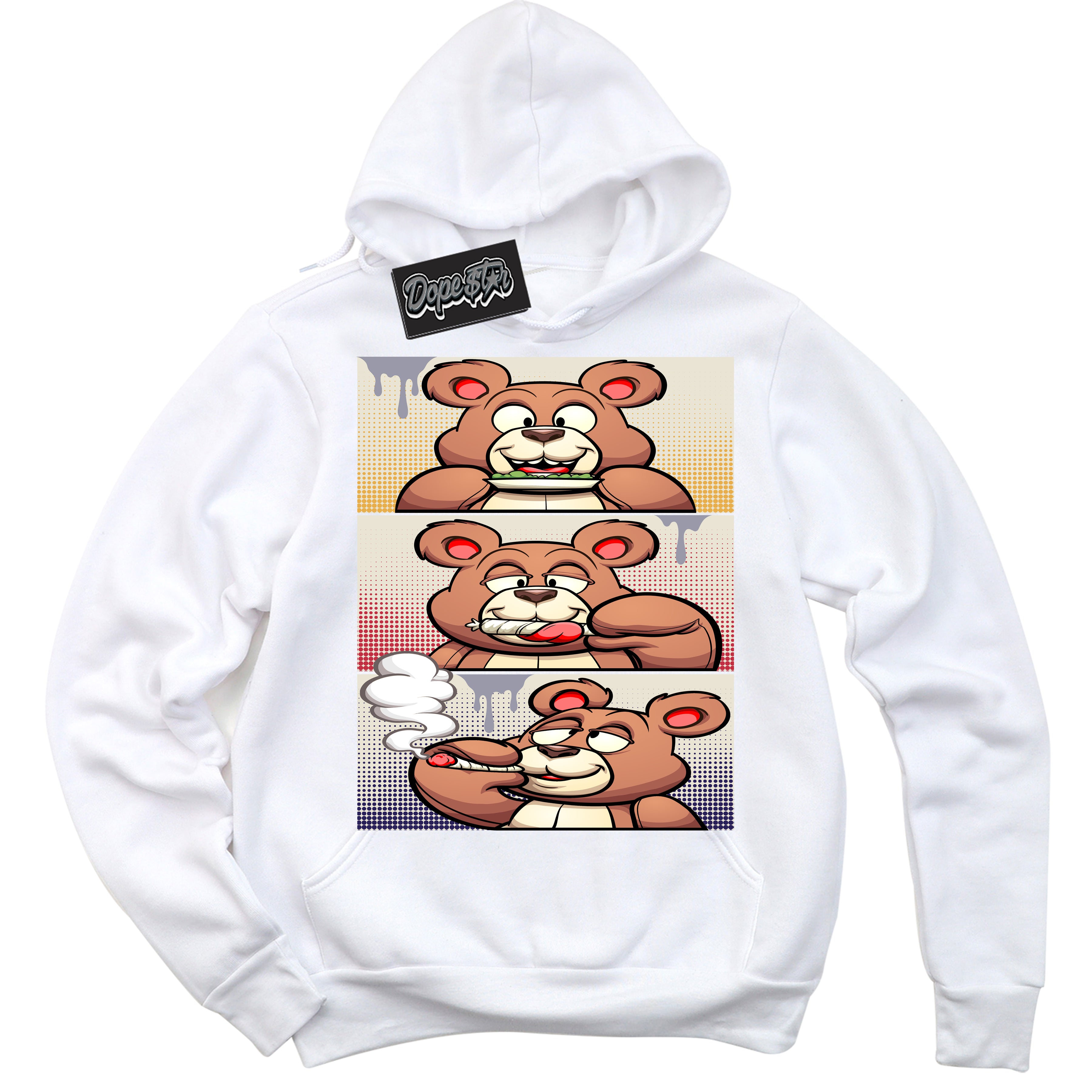 Cool White Hoodie with “ Roll It Lick It Smoke It Bear ”  design that Perfectly Matches J Balvin Sunset 3s Jordans.