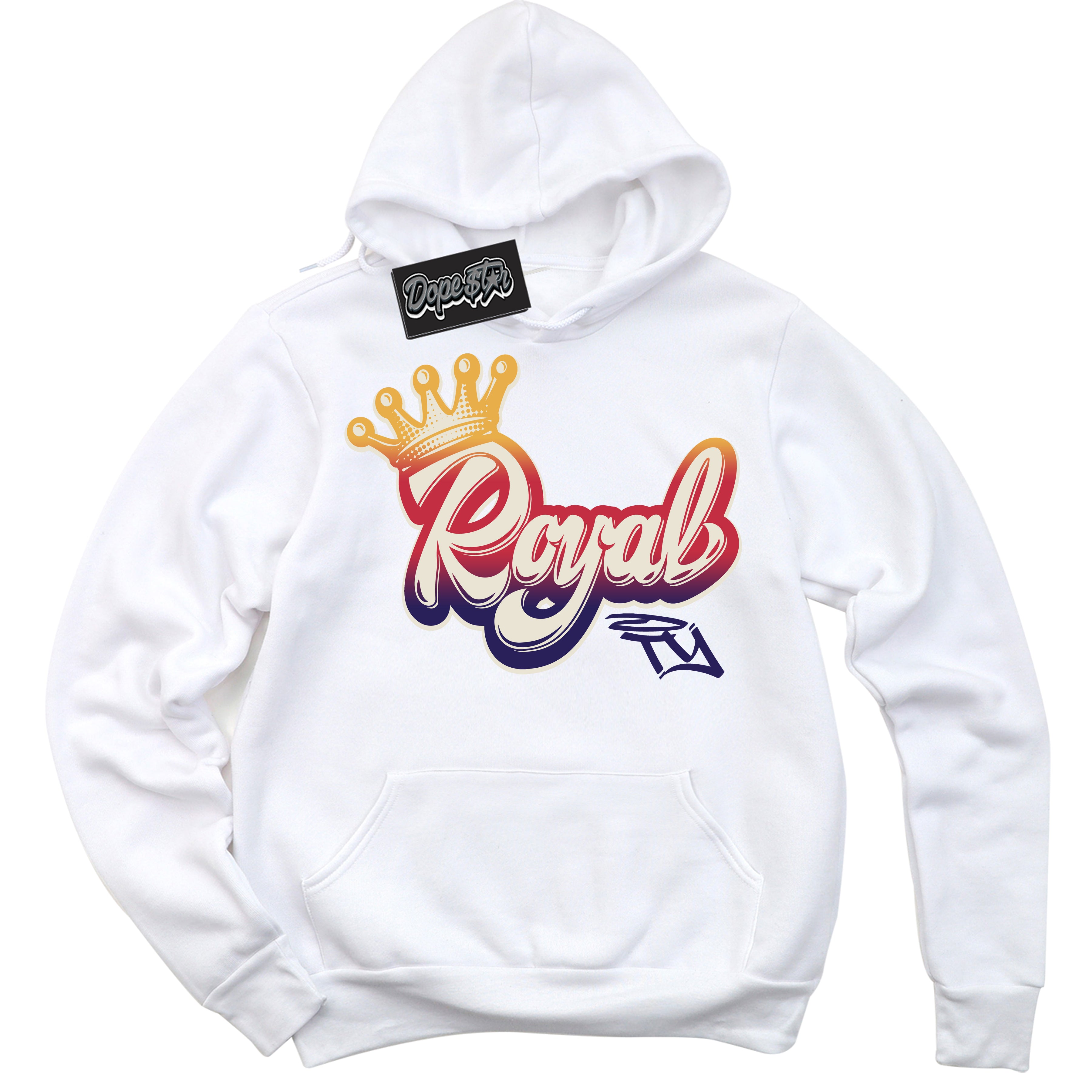 Cool White Hoodie with “ Royalty ”  design that Perfectly Matches J Balvin Sunset 3s Jordans.