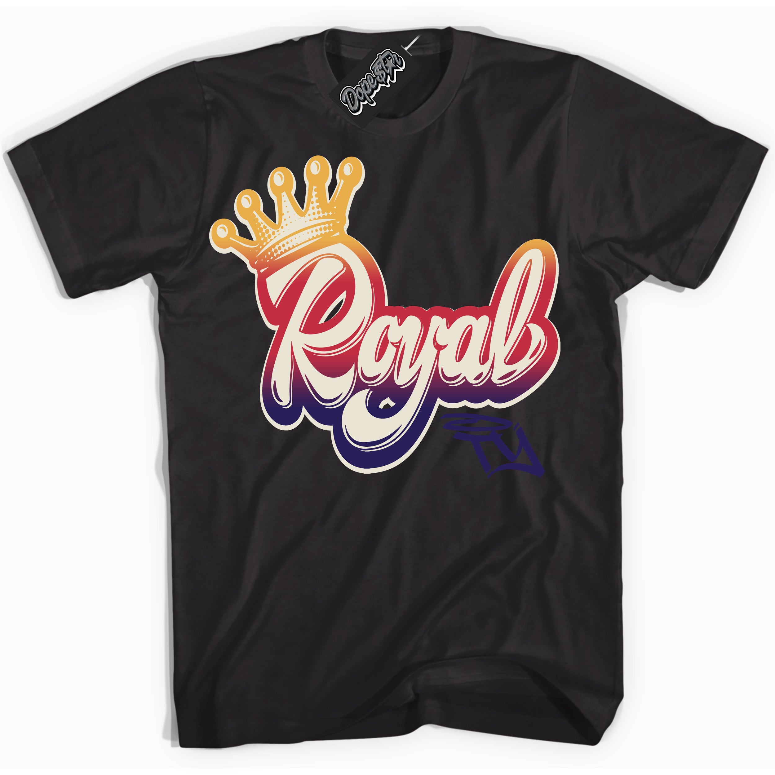 Cool Black Shirt with “ Royalty” design that perfectly matches J Balvin Sunset 3s Jordans.