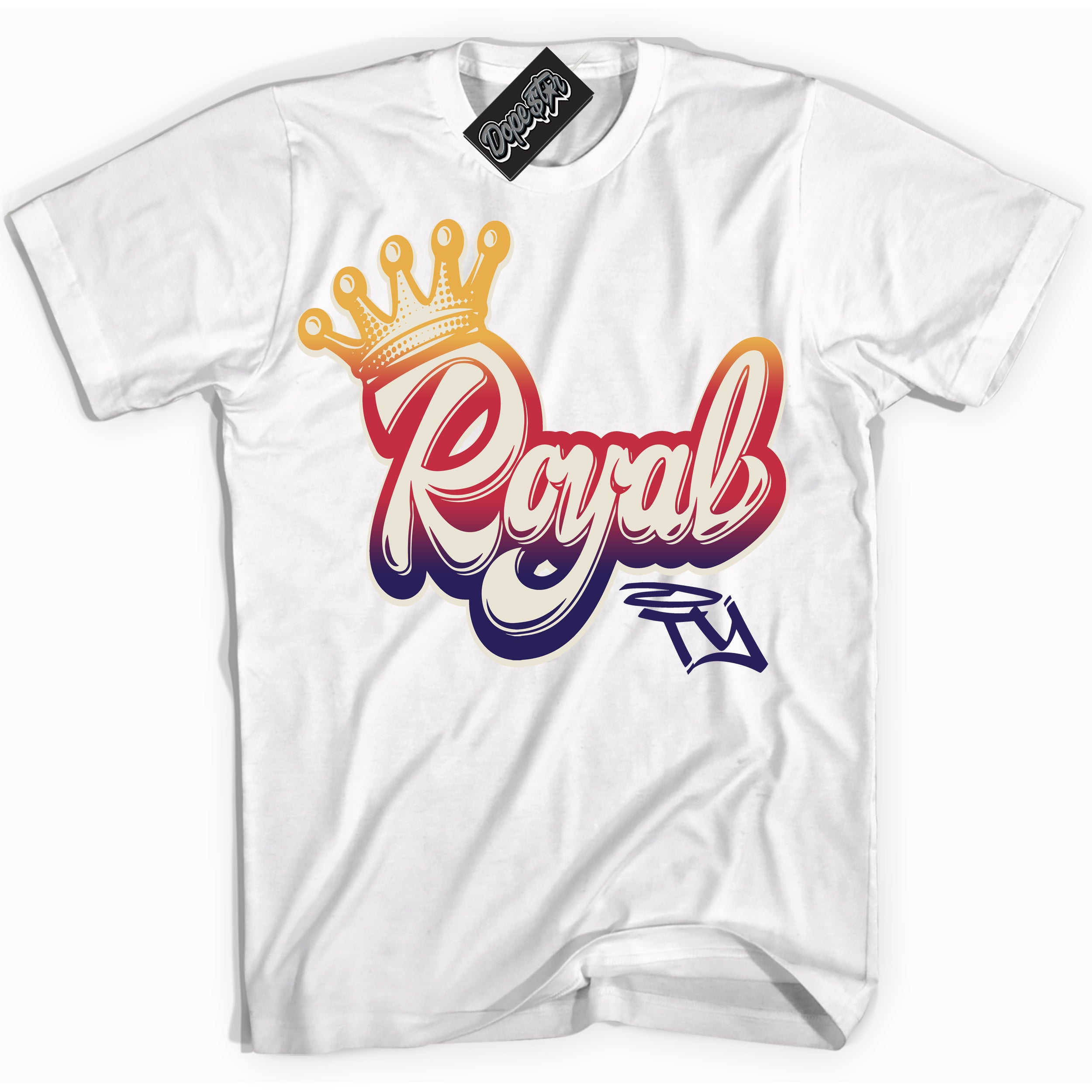 Cool White Shirt with “ Royalty” design that perfectly matches J Balvin Sunset 3s Jordans.