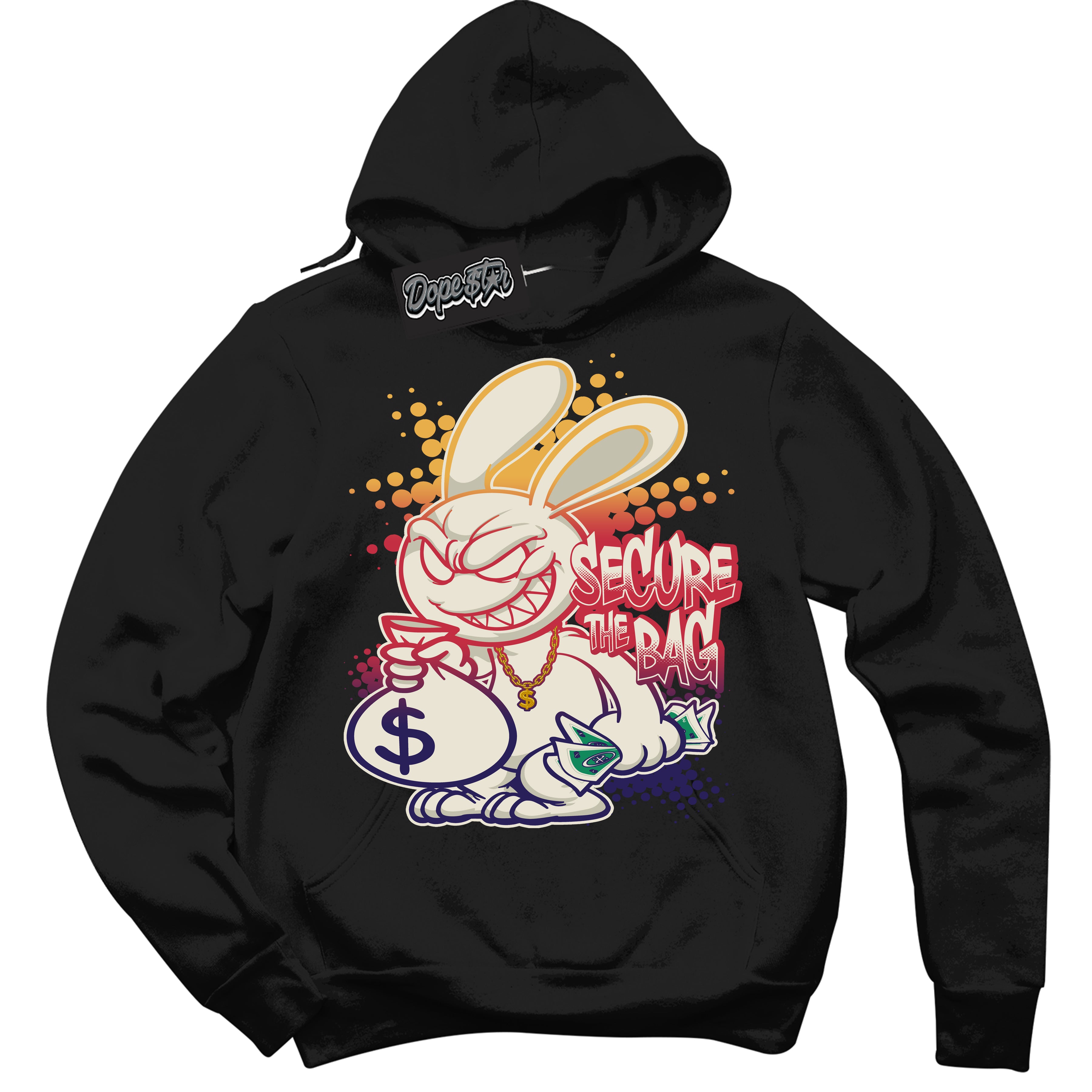 Cool Black Hoodie with “ Secure The Bag ”  design that Perfectly Matches J Balvin Sunset 3s Jordans.